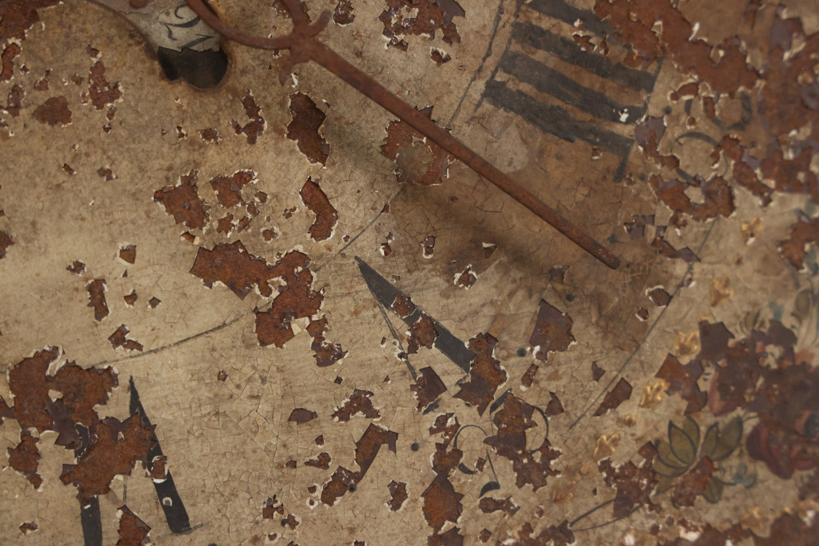 Lot 008 - Antique Hand-Painted Clock Dial By James Osborne, Birmingham, England, With Rolling Moon Phase Dial Featuring Moon Man, Landscape, And Ship Paintings, Clock Face Badly Worn, Includes Original Clock Works, Front 12-1/8" x 17-1/8"