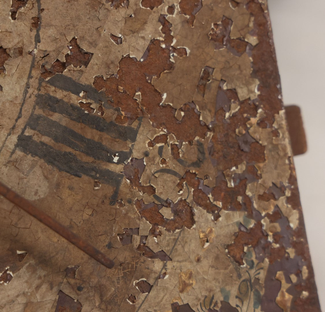 Lot 008 - Antique Hand-Painted Clock Dial By James Osborne, Birmingham, England, With Rolling Moon Phase Dial Featuring Moon Man, Landscape, And Ship Paintings, Clock Face Badly Worn, Includes Original Clock Works, Front 12-1/8" x 17-1/8"