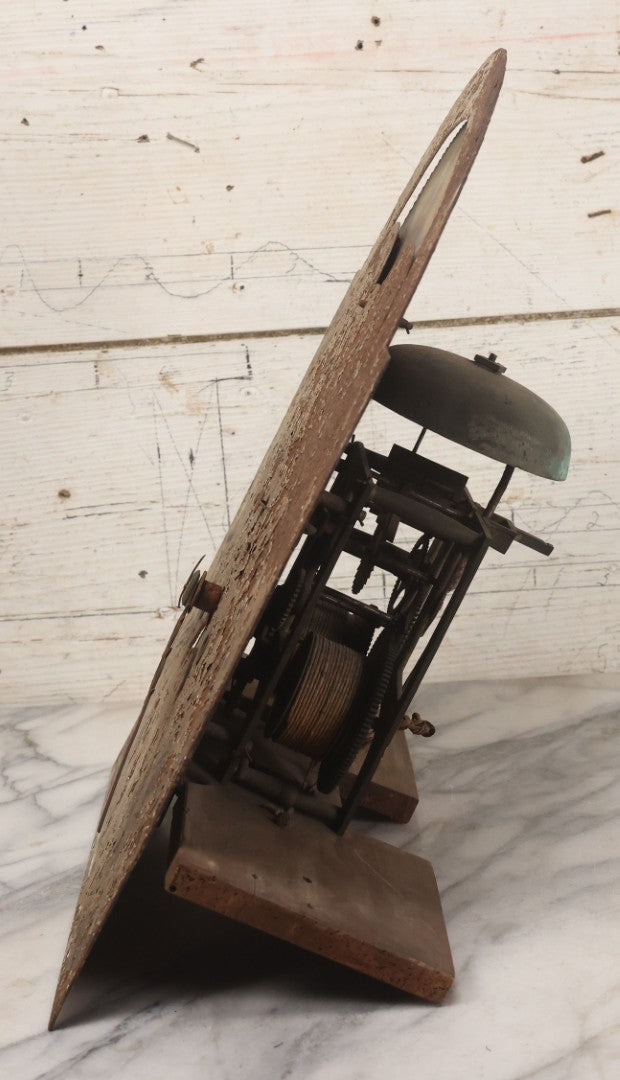 Lot 008 - Antique Hand-Painted Clock Dial By James Osborne, Birmingham, England, With Rolling Moon Phase Dial Featuring Moon Man, Landscape, And Ship Paintings, Clock Face Badly Worn, Includes Original Clock Works, Front 12-1/8" x 17-1/8"