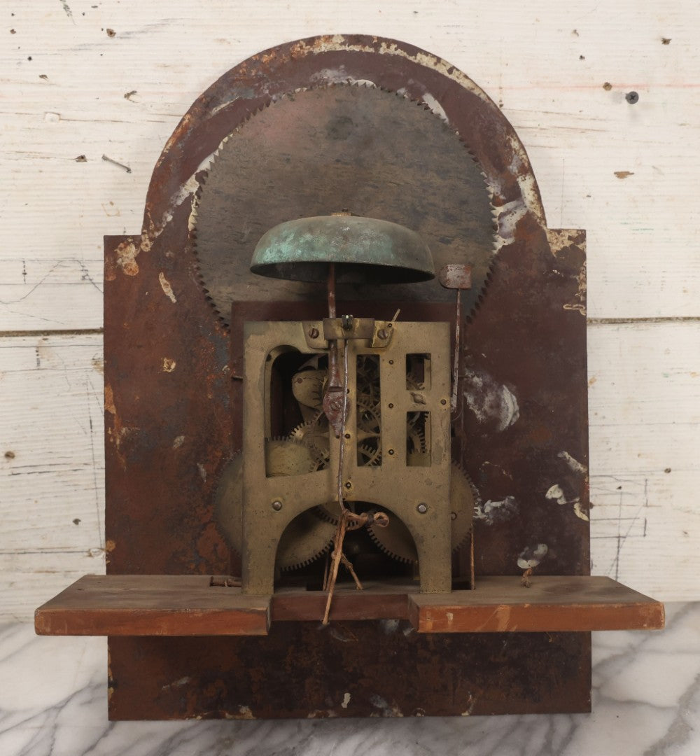 Lot 008 - Antique Hand-Painted Clock Dial By James Osborne, Birmingham, England, With Rolling Moon Phase Dial Featuring Moon Man, Landscape, And Ship Paintings, Clock Face Badly Worn, Includes Original Clock Works, Front 12-1/8" x 17-1/8"