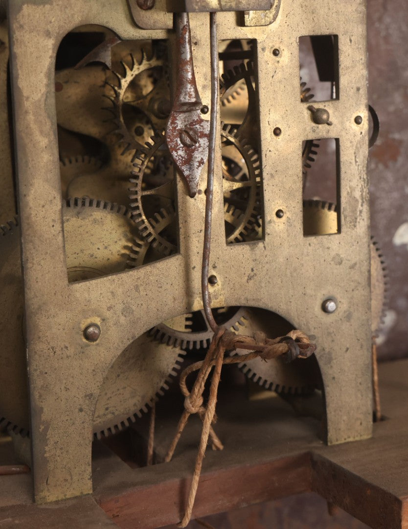 Lot 008 - Antique Hand-Painted Clock Dial By James Osborne, Birmingham, England, With Rolling Moon Phase Dial Featuring Moon Man, Landscape, And Ship Paintings, Clock Face Badly Worn, Includes Original Clock Works, Front 12-1/8" x 17-1/8"