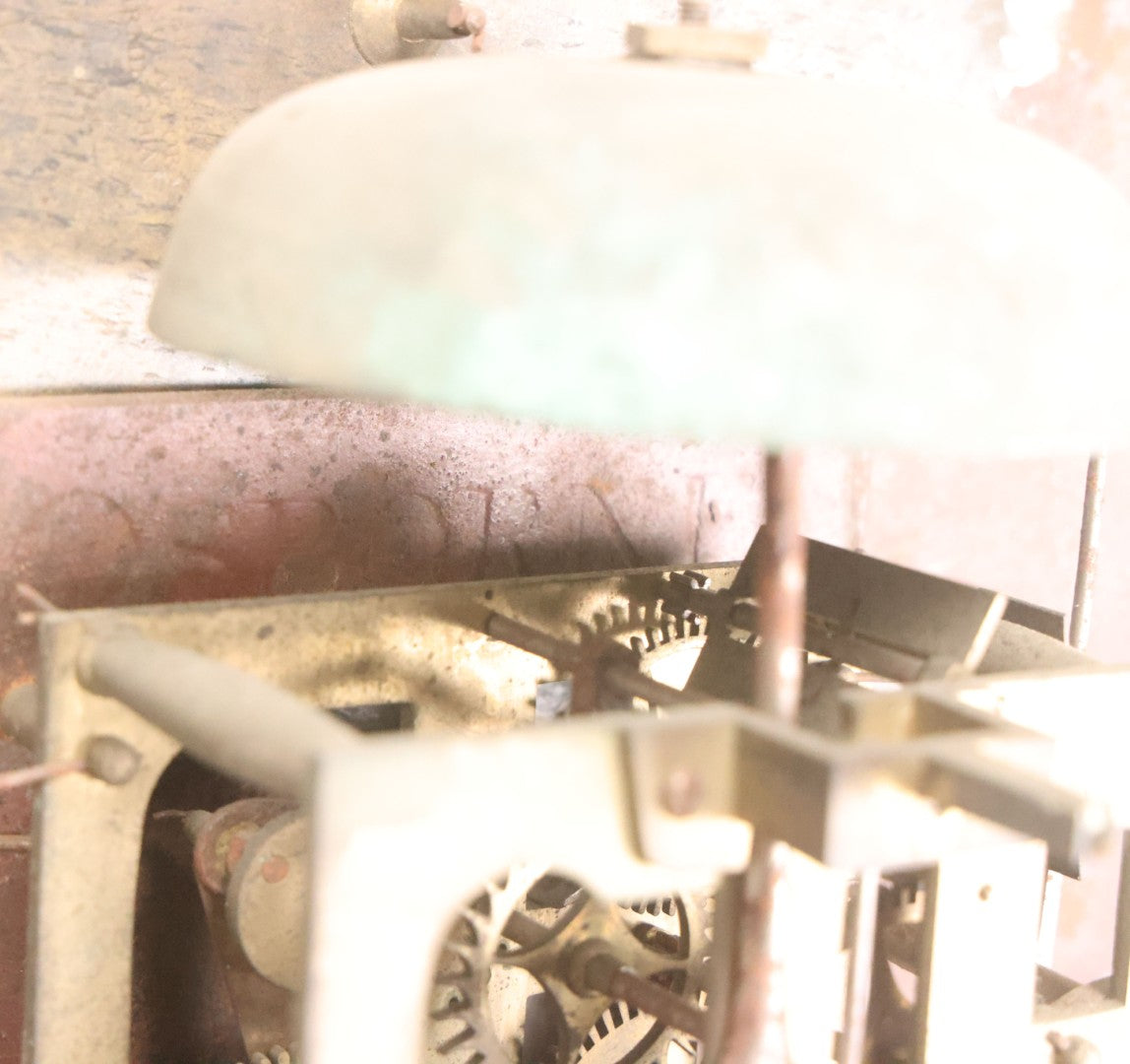 Lot 008 - Antique Hand-Painted Clock Dial By James Osborne, Birmingham, England, With Rolling Moon Phase Dial Featuring Moon Man, Landscape, And Ship Paintings, Clock Face Badly Worn, Includes Original Clock Works, Front 12-1/8" x 17-1/8"