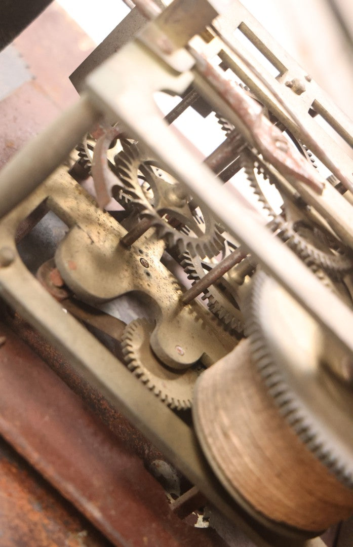 Lot 008 - Antique Hand-Painted Clock Dial By James Osborne, Birmingham, England, With Rolling Moon Phase Dial Featuring Moon Man, Landscape, And Ship Paintings, Clock Face Badly Worn, Includes Original Clock Works, Front 12-1/8" x 17-1/8"