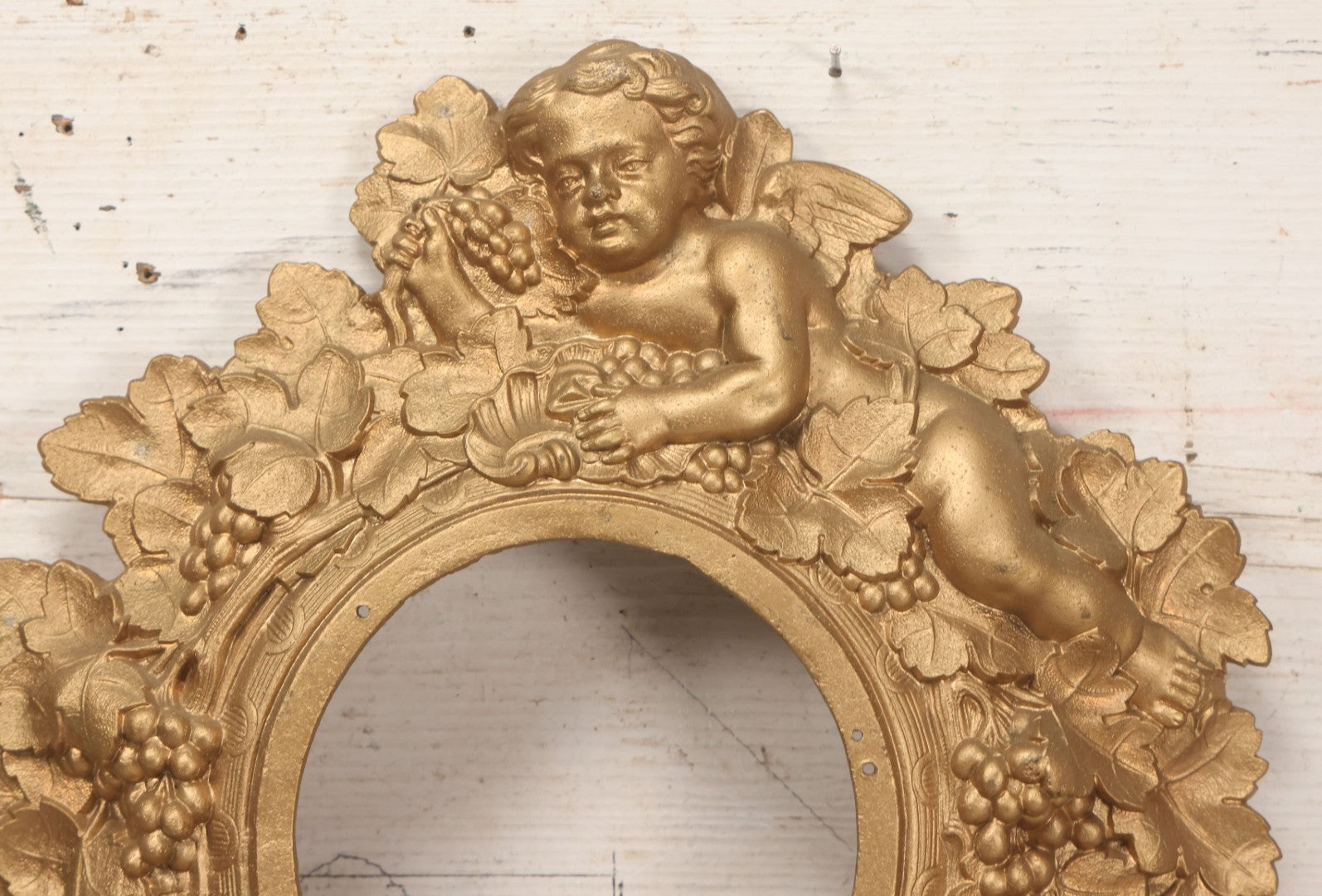 Lot 009 - Antique Gold Painted Cast Metal Figural Clock Front With Cherubs And Grapes Motifs, Marked N. Muller, N.Y. No. 49 Patented 1856, 15" x 18-3/4"