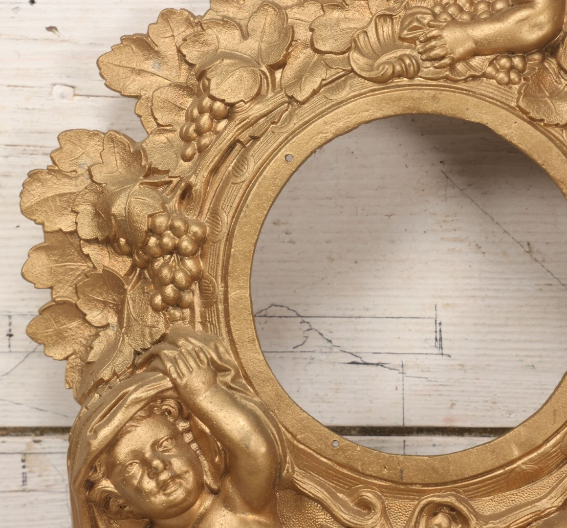 Lot 009 - Antique Gold Painted Cast Metal Figural Clock Front With Cherubs And Grapes Motifs, Marked N. Muller, N.Y. No. 49 Patented 1856, 15" x 18-3/4"