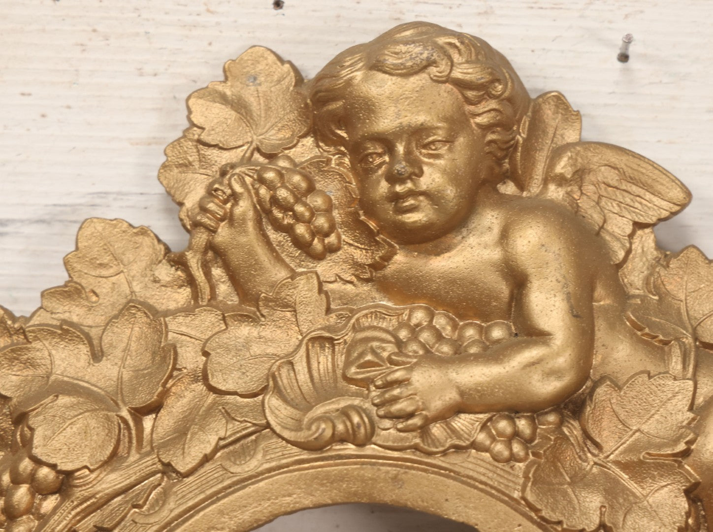 Lot 009 - Antique Gold Painted Cast Metal Figural Clock Front With Cherubs And Grapes Motifs, Marked N. Muller, N.Y. No. 49 Patented 1856, 15" x 18-3/4"