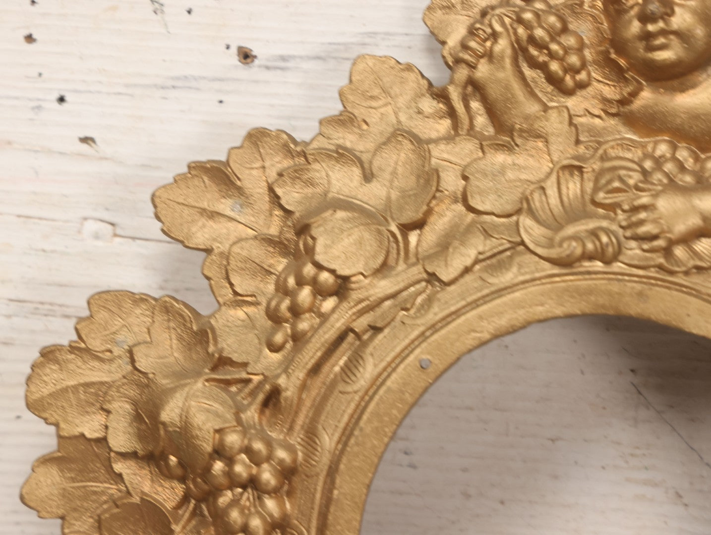 Lot 009 - Antique Gold Painted Cast Metal Figural Clock Front With Cherubs And Grapes Motifs, Marked N. Muller, N.Y. No. 49 Patented 1856, 15" x 18-3/4"