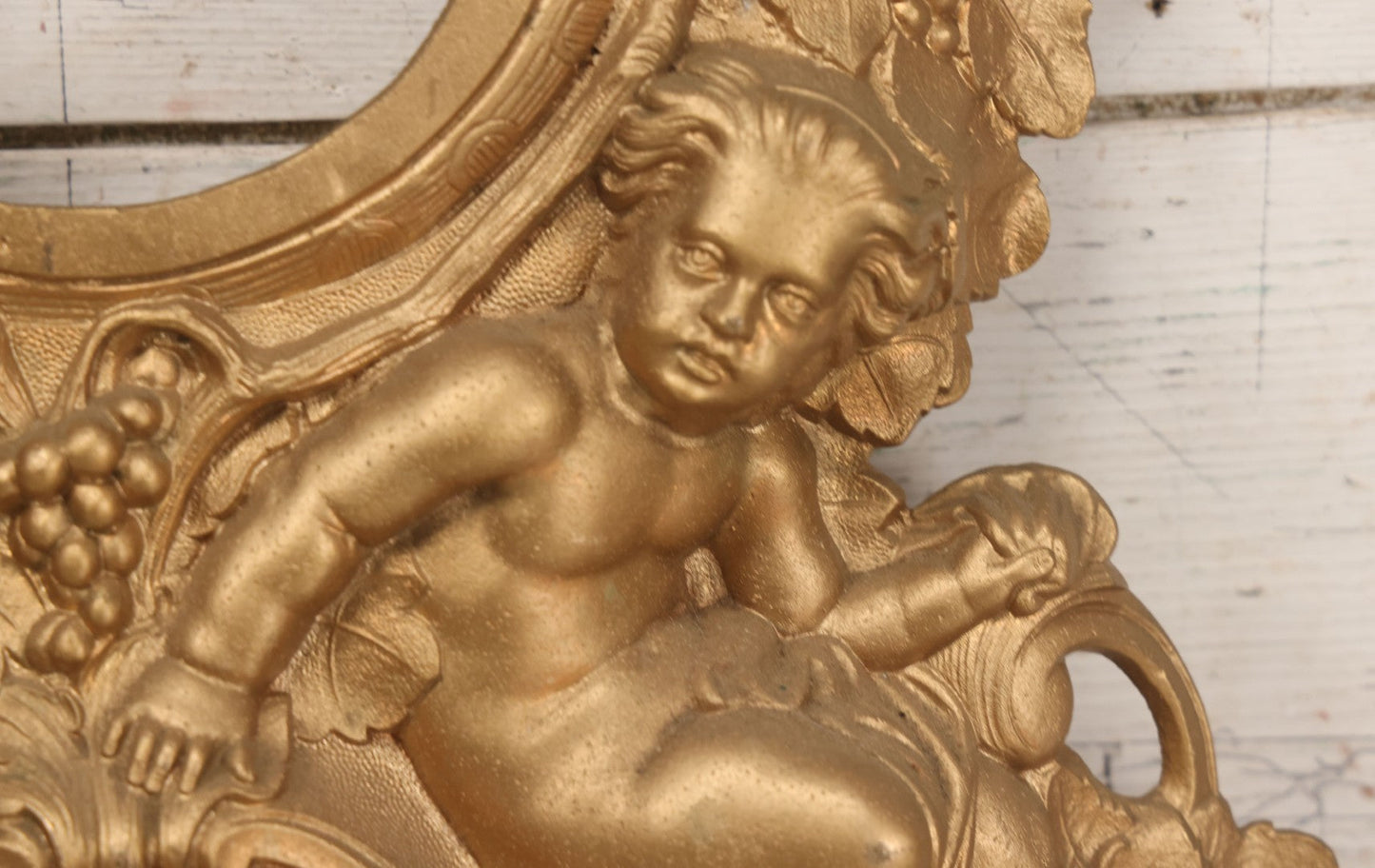 Lot 009 - Antique Gold Painted Cast Metal Figural Clock Front With Cherubs And Grapes Motifs, Marked N. Muller, N.Y. No. 49 Patented 1856, 15" x 18-3/4"