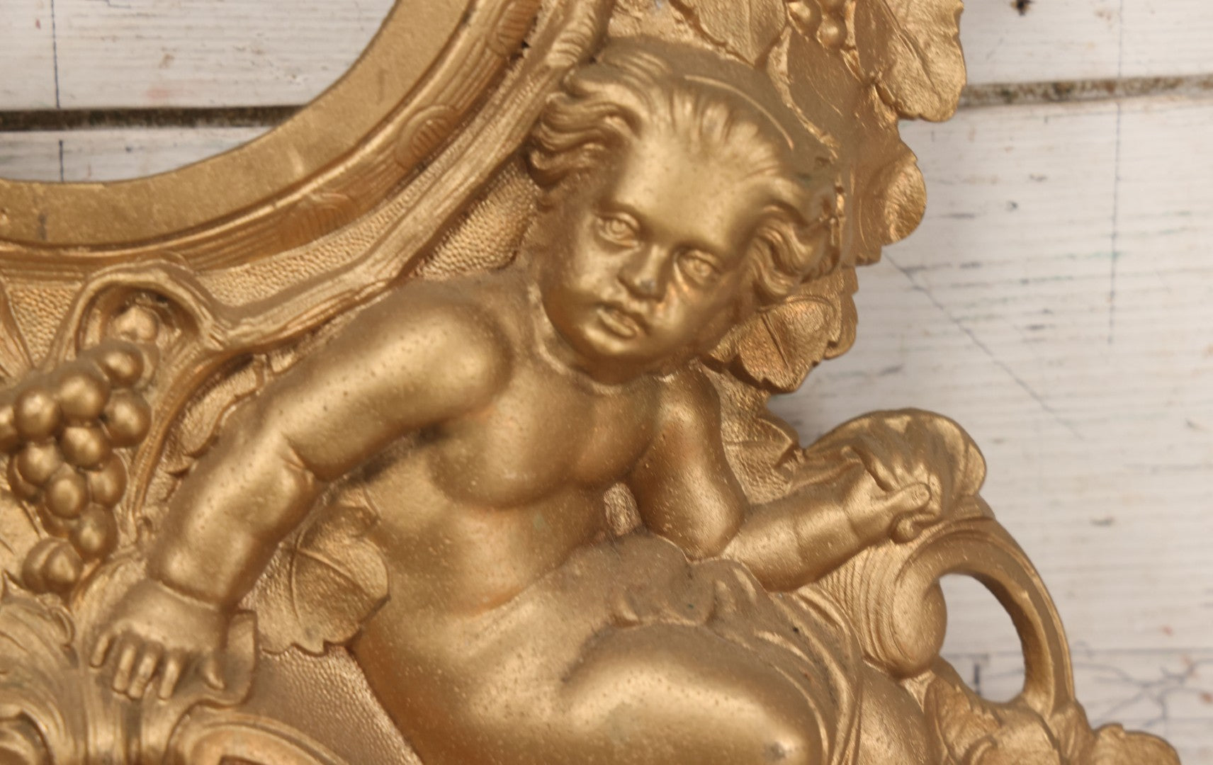 Lot 009 - Antique Gold Painted Cast Metal Figural Clock Front With Cherubs And Grapes Motifs, Marked N. Muller, N.Y. No. 49 Patented 1856, 15" x 18-3/4"