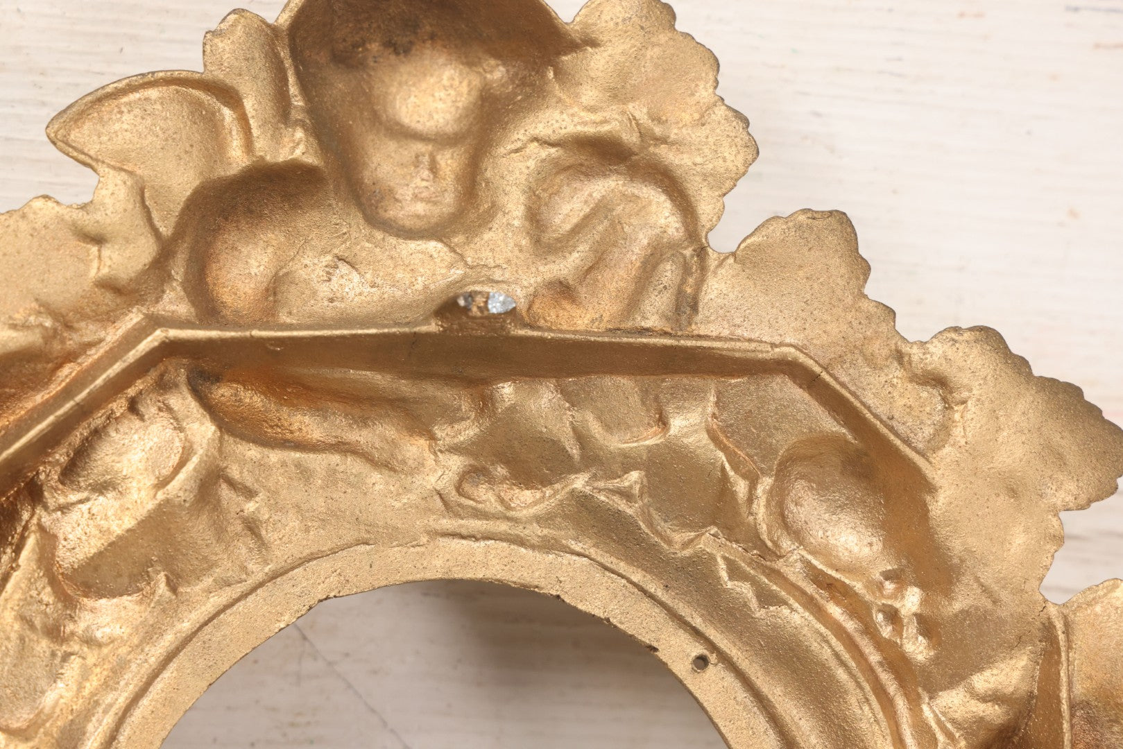 Lot 009 - Antique Gold Painted Cast Metal Figural Clock Front With Cherubs And Grapes Motifs, Marked N. Muller, N.Y. No. 49 Patented 1856, 15" x 18-3/4"