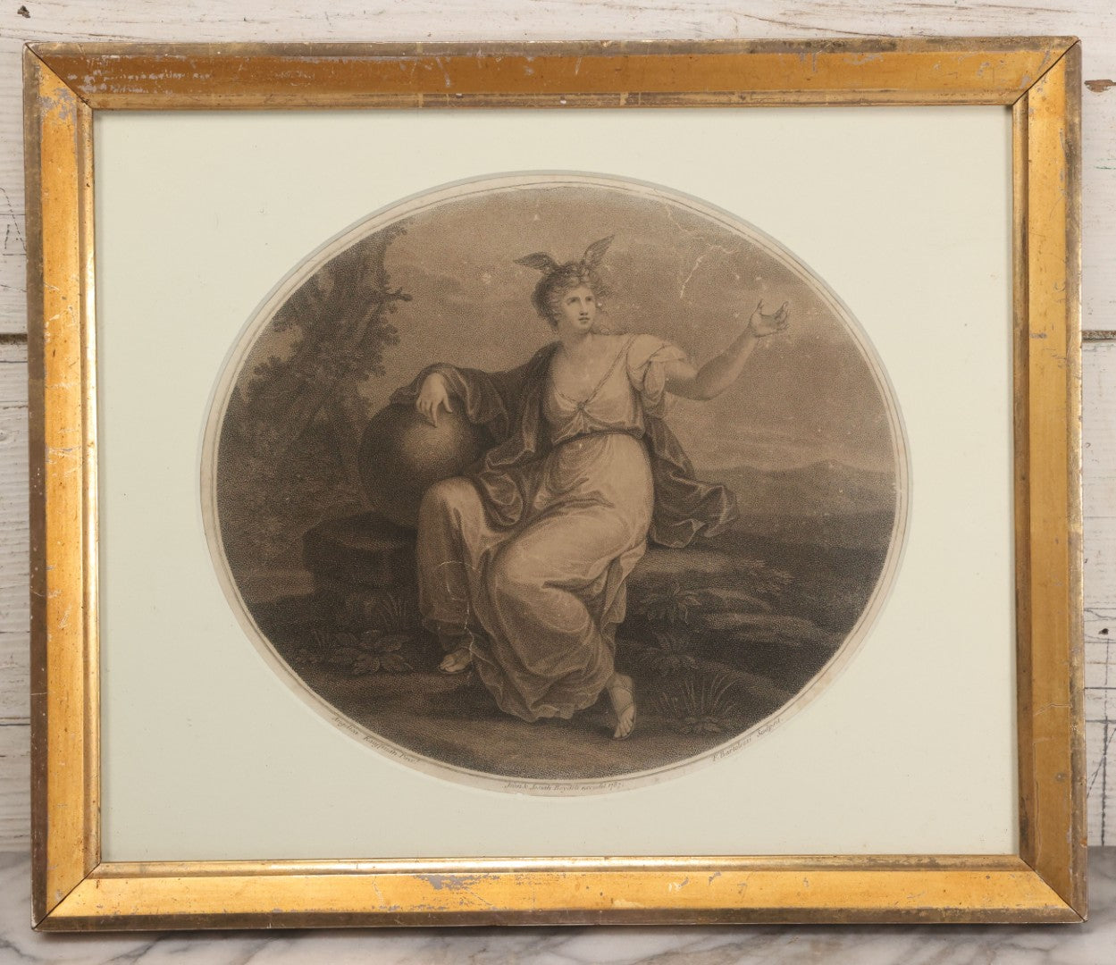 Lot 010 - Antique 18th Century Stipple Engraving, Allegorical Artwork Depicting Invention, Engraved By Francesco Bartolozzi After Angelica Kauffman, Published By John & Josiah Boydell, 1787, In Modern Frame, 16-1/8" x 13-1/2"