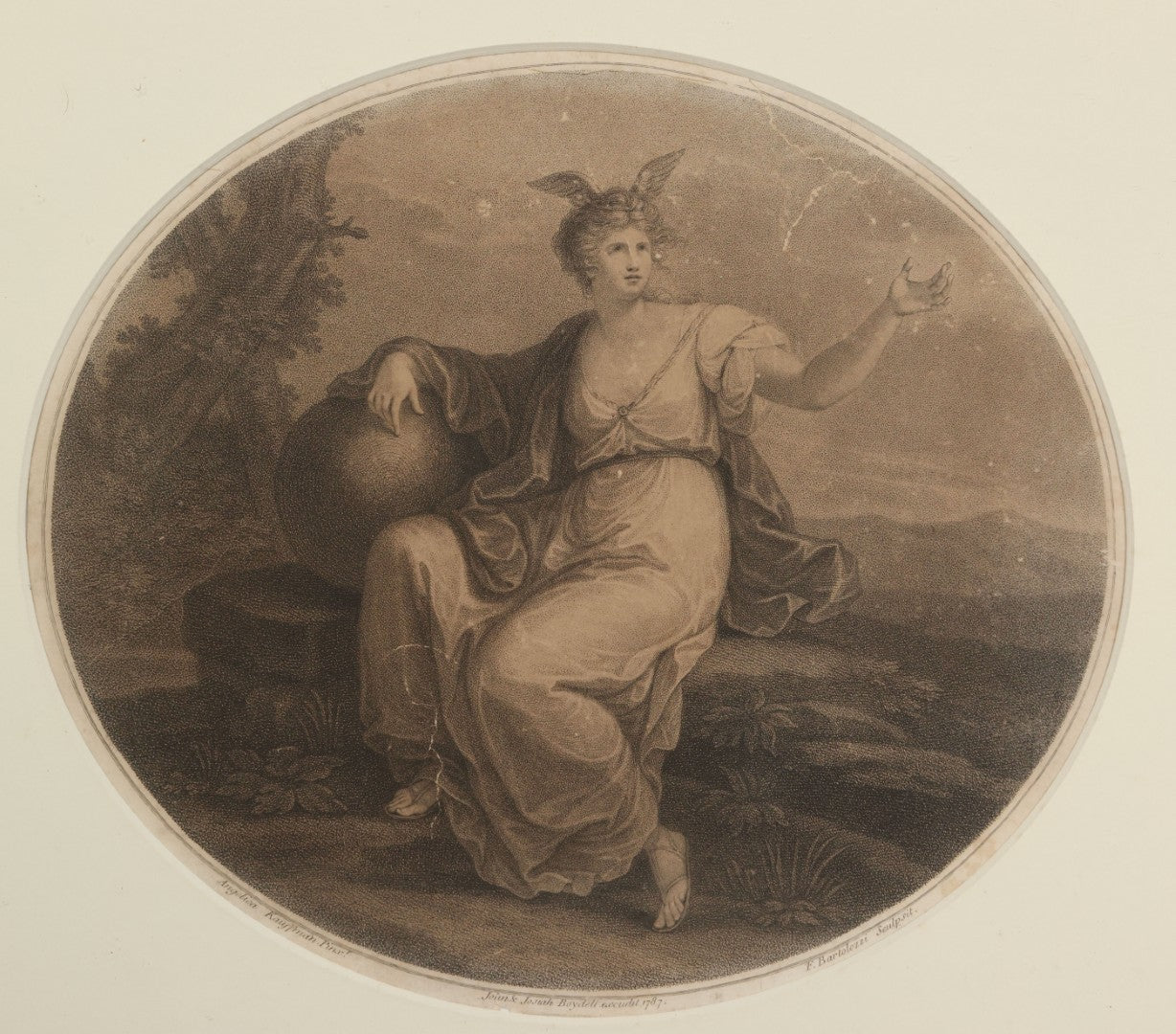 Lot 010 - Antique 18th Century Stipple Engraving, Allegorical Artwork Depicting Invention, Engraved By Francesco Bartolozzi After Angelica Kauffman, Published By John & Josiah Boydell, 1787, In Modern Frame, 16-1/8" x 13-1/2"