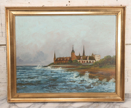 Lot 011 - Antique Oil On Board Painting Of Kronborg Castle, Helsingor, Denmark, Inspiration For Elsinore In William Shakespeare's "Hamlet," In Frame, 18-1/4" x 14-3/4"