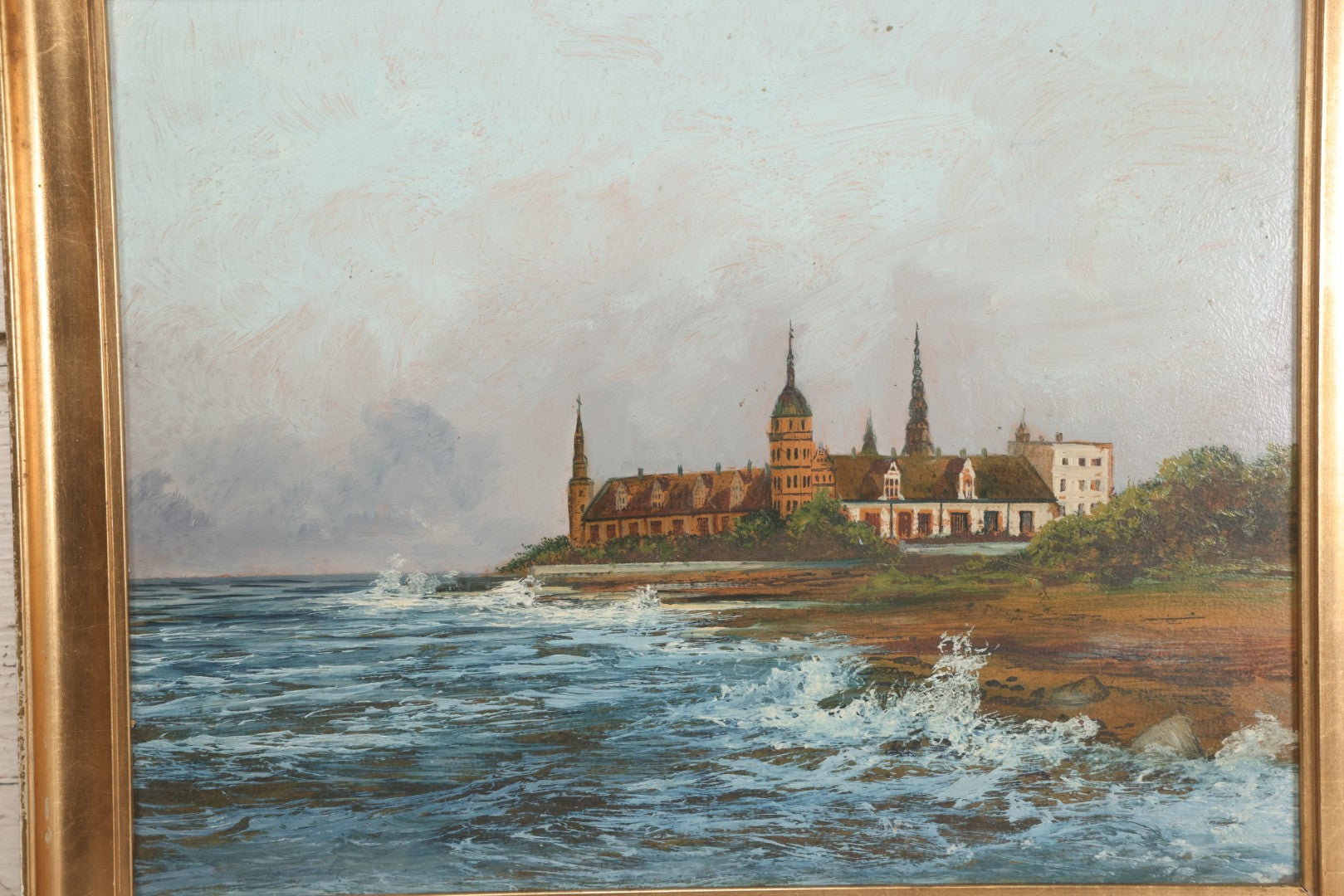 Lot 011 - Antique Oil On Board Painting Of Kronborg Castle, Helsingor, Denmark, Inspiration For Elsinore In William Shakespeare's "Hamlet," In Frame, 18-1/4" x 14-3/4"