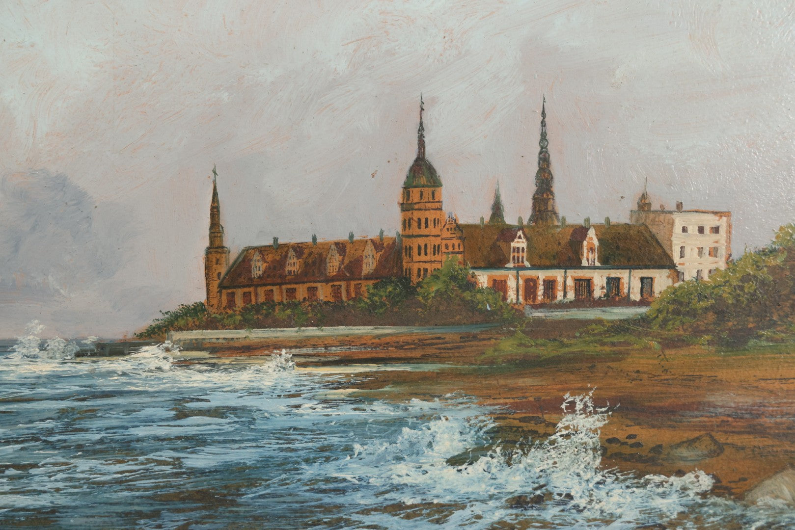 Lot 011 - Antique Oil On Board Painting Of Kronborg Castle, Helsingor, Denmark, Inspiration For Elsinore In William Shakespeare's "Hamlet," In Frame, 18-1/4" x 14-3/4"