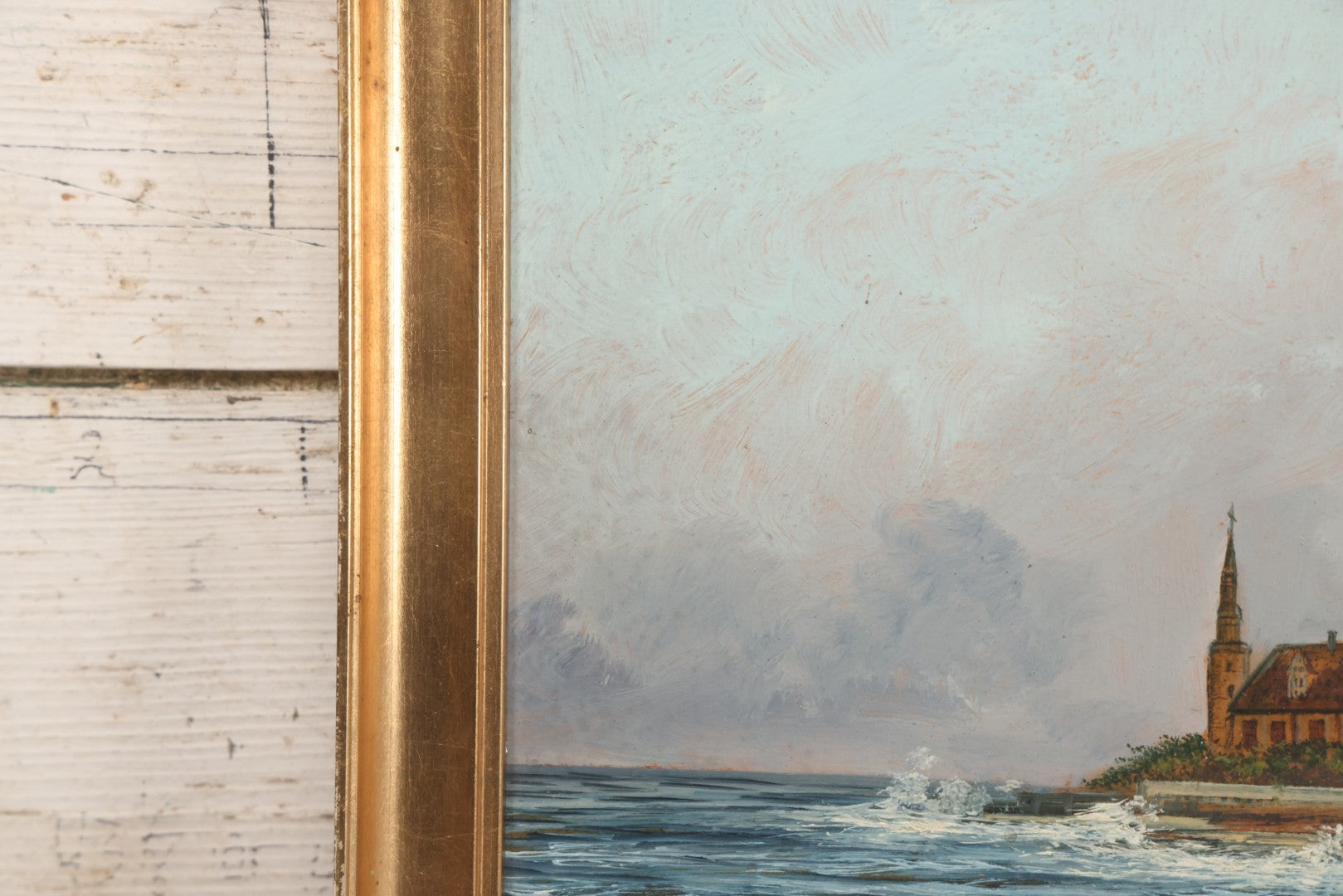 Lot 011 - Antique Oil On Board Painting Of Kronborg Castle, Helsingor, Denmark, Inspiration For Elsinore In William Shakespeare's "Hamlet," In Frame, 18-1/4" x 14-3/4"