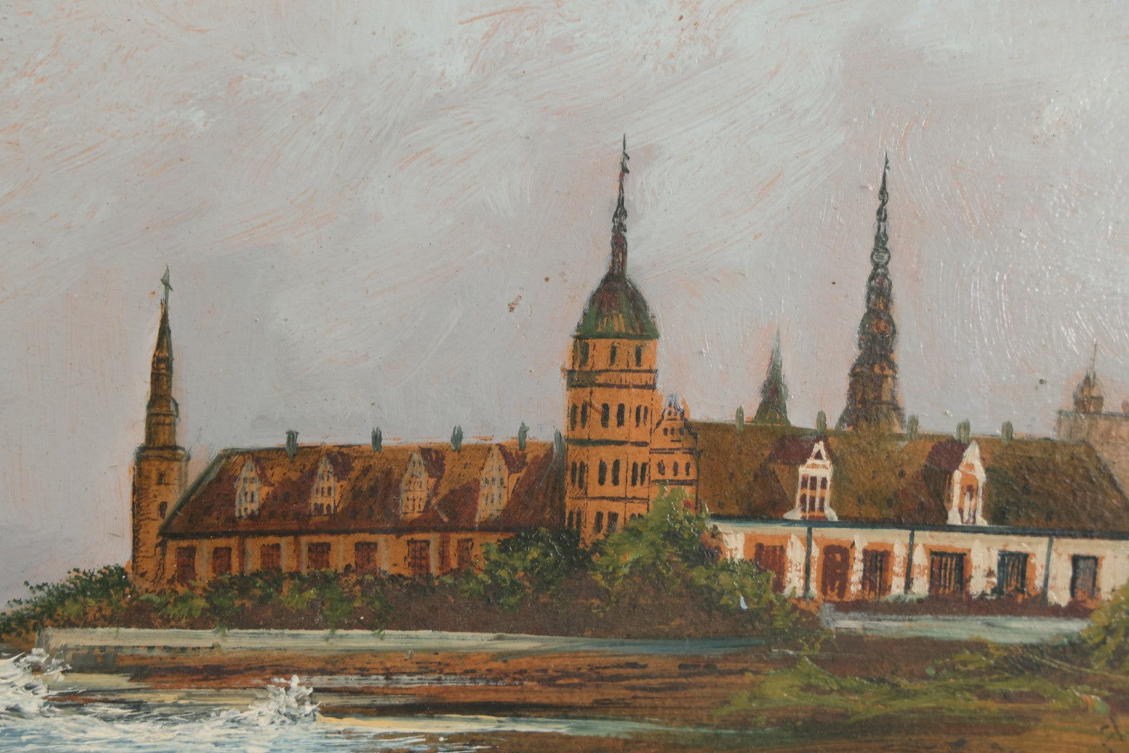 Lot 011 - Antique Oil On Board Painting Of Kronborg Castle, Helsingor, Denmark, Inspiration For Elsinore In William Shakespeare's "Hamlet," In Frame, 18-1/4" x 14-3/4"