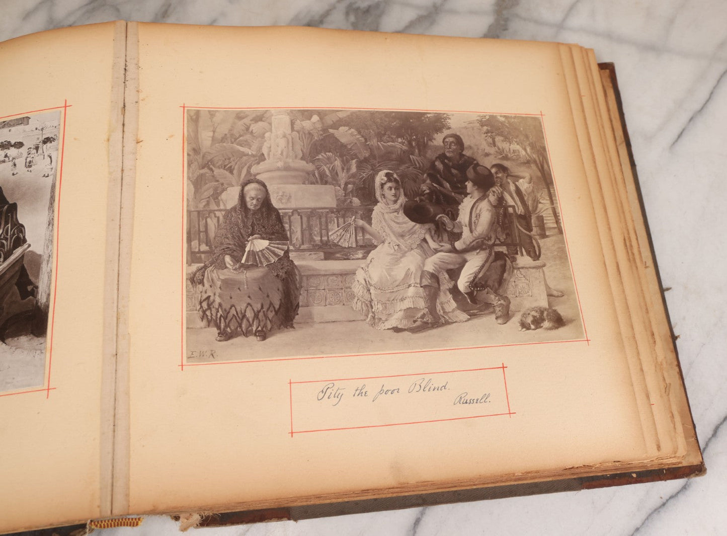 Lot 012 - Antique Scrapbook Containing Many Fine Art Prints, Clippings, And Scraps, With Handwritten Titles And Hand Painted Red Pinstriping, Works Include "The Fortuneteller" After A. Glisbenti, "Isabella With The Head Of Lorenzo," And Others