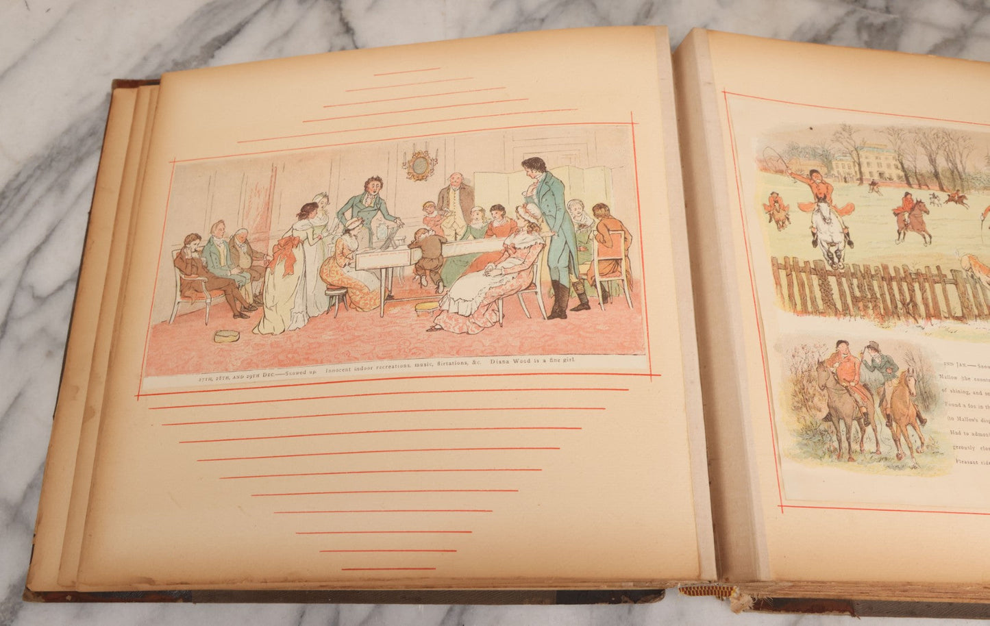 Lot 012 - Antique Scrapbook Containing Many Fine Art Prints, Clippings, And Scraps, With Handwritten Titles And Hand Painted Red Pinstriping, Works Include "The Fortuneteller" After A. Glisbenti, "Isabella With The Head Of Lorenzo," And Others