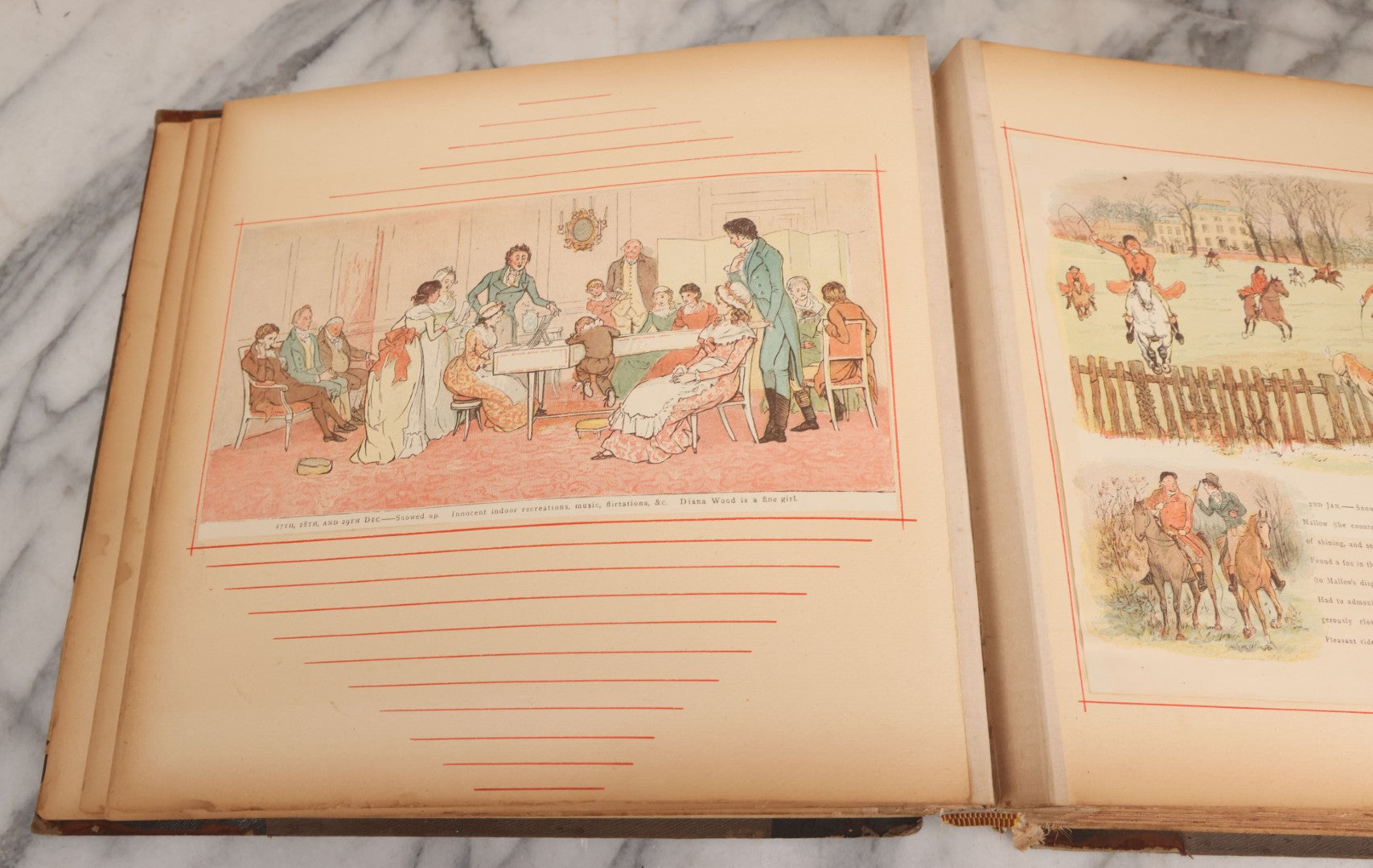 Lot 012 - Antique Scrapbook Containing Many Fine Art Prints, Clippings, And Scraps, With Handwritten Titles And Hand Painted Red Pinstriping, Works Include "The Fortuneteller" After A. Glisbenti, "Isabella With The Head Of Lorenzo," And Others