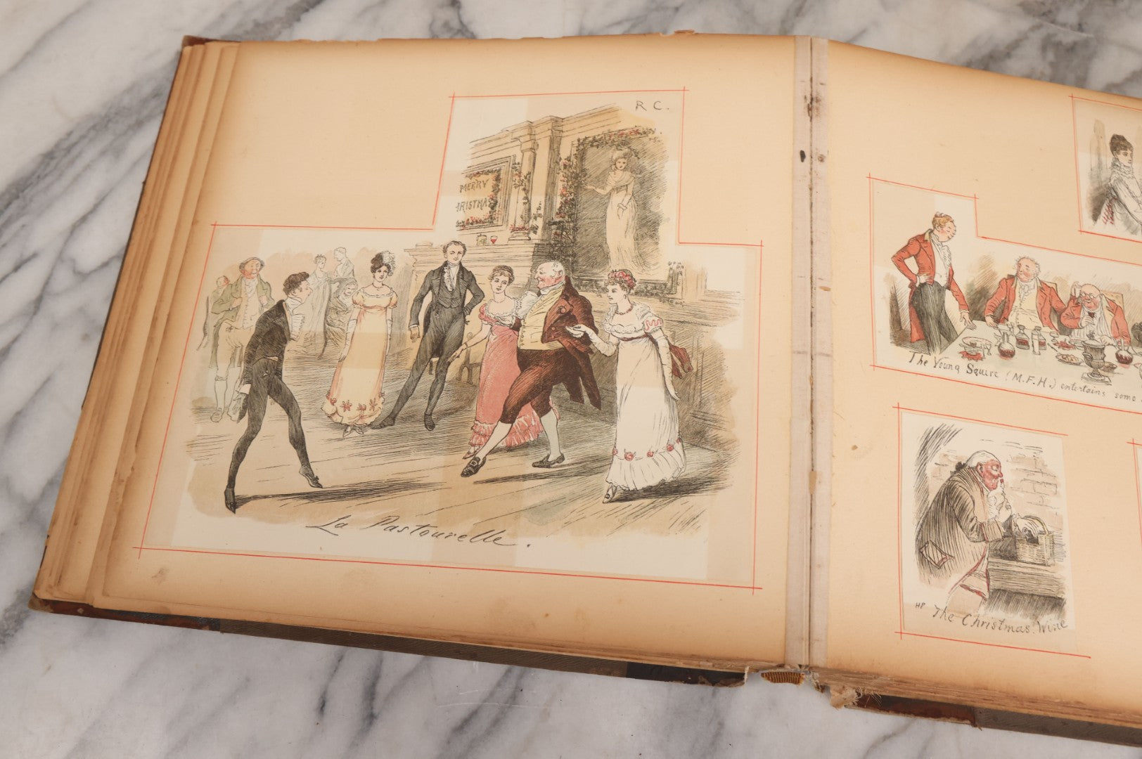 Lot 012 - Antique Scrapbook Containing Many Fine Art Prints, Clippings, And Scraps, With Handwritten Titles And Hand Painted Red Pinstriping, Works Include "The Fortuneteller" After A. Glisbenti, "Isabella With The Head Of Lorenzo," And Others