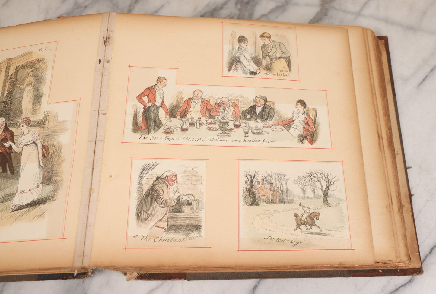 Lot 012 - Antique Scrapbook Containing Many Fine Art Prints, Clippings, And Scraps, With Handwritten Titles And Hand Painted Red Pinstriping, Works Include "The Fortuneteller" After A. Glisbenti, "Isabella With The Head Of Lorenzo," And Others