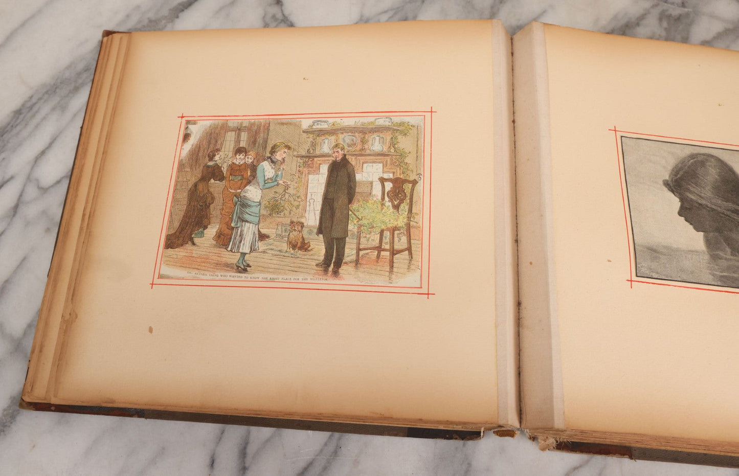 Lot 012 - Antique Scrapbook Containing Many Fine Art Prints, Clippings, And Scraps, With Handwritten Titles And Hand Painted Red Pinstriping, Works Include "The Fortuneteller" After A. Glisbenti, "Isabella With The Head Of Lorenzo," And Others