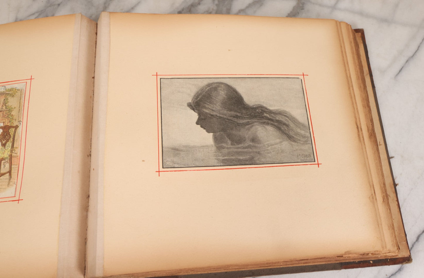 Lot 012 - Antique Scrapbook Containing Many Fine Art Prints, Clippings, And Scraps, With Handwritten Titles And Hand Painted Red Pinstriping, Works Include "The Fortuneteller" After A. Glisbenti, "Isabella With The Head Of Lorenzo," And Others