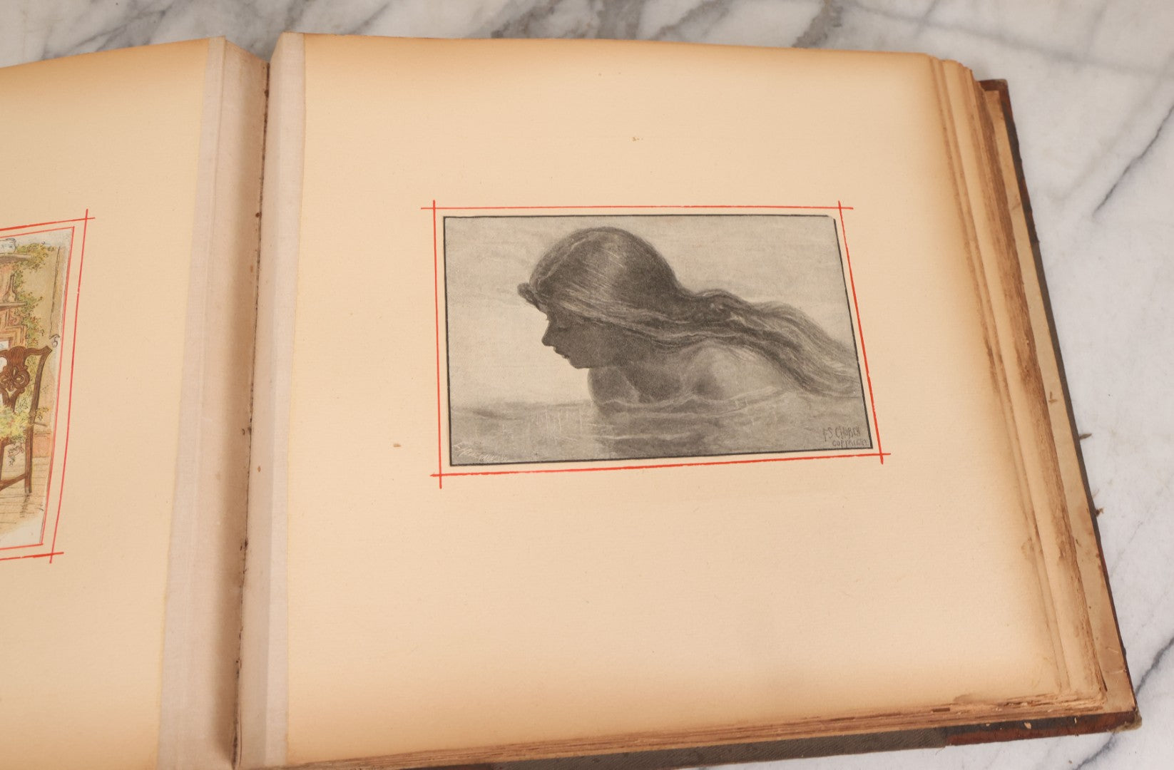 Lot 012 - Antique Scrapbook Containing Many Fine Art Prints, Clippings, And Scraps, With Handwritten Titles And Hand Painted Red Pinstriping, Works Include "The Fortuneteller" After A. Glisbenti, "Isabella With The Head Of Lorenzo," And Others