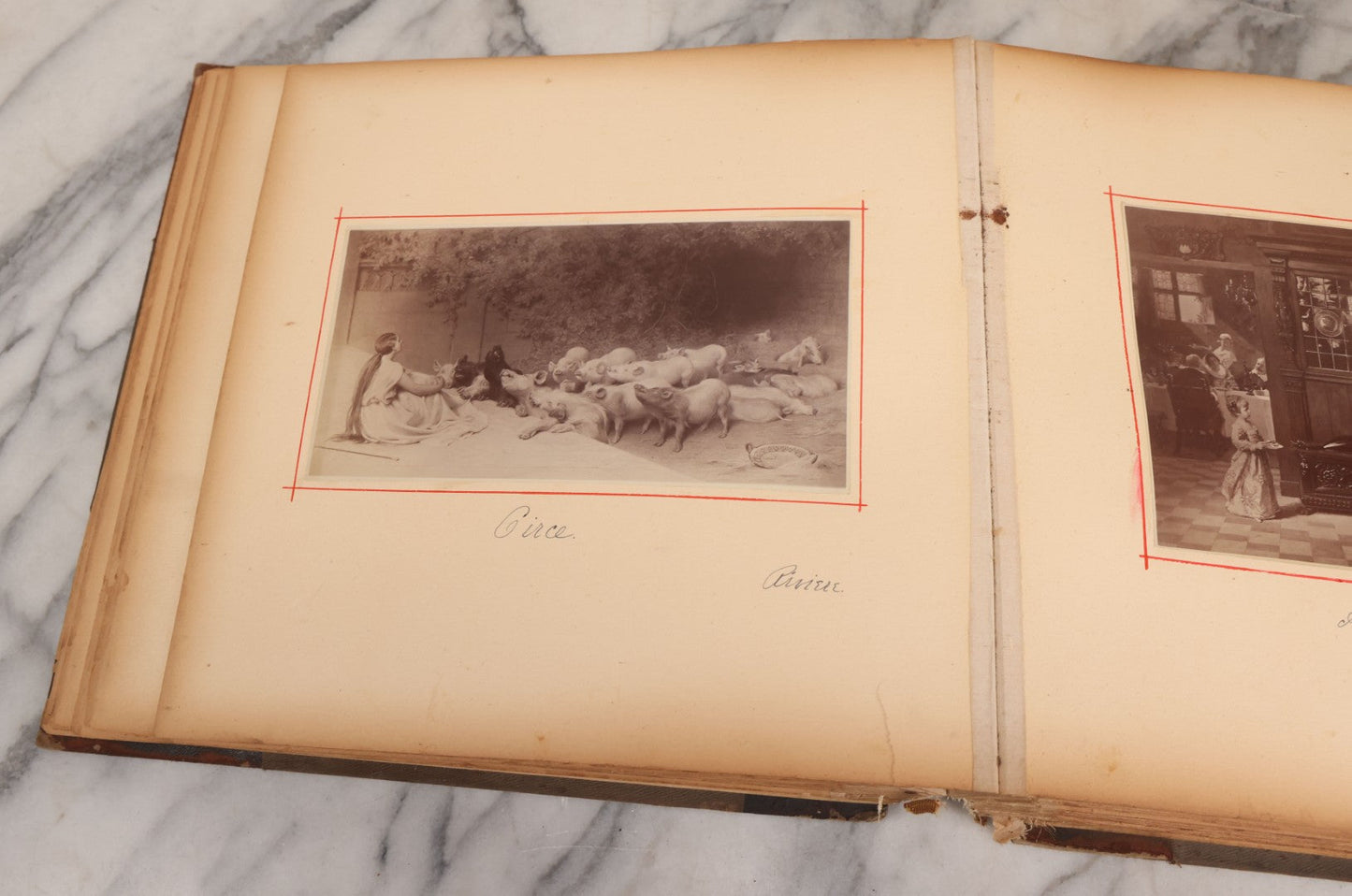 Lot 012 - Antique Scrapbook Containing Many Fine Art Prints, Clippings, And Scraps, With Handwritten Titles And Hand Painted Red Pinstriping, Works Include "The Fortuneteller" After A. Glisbenti, "Isabella With The Head Of Lorenzo," And Others