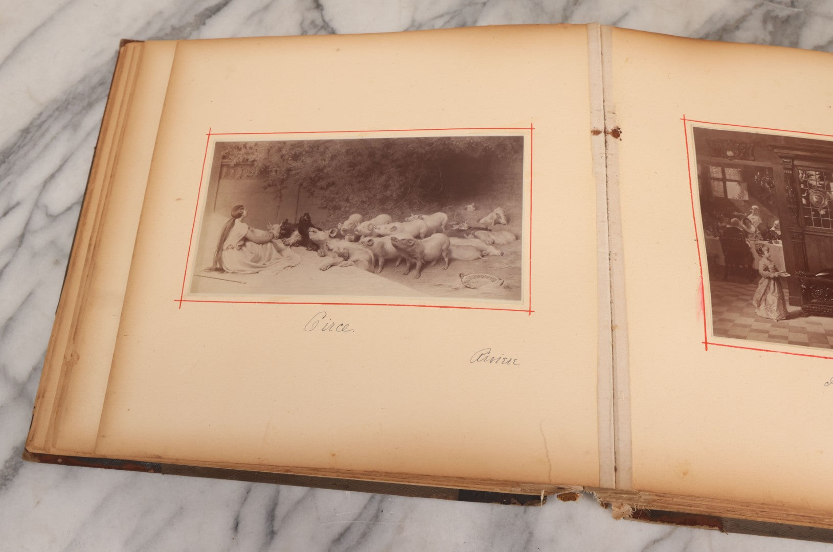 Lot 012 - Antique Scrapbook Containing Many Fine Art Prints, Clippings, And Scraps, With Handwritten Titles And Hand Painted Red Pinstriping, Works Include "The Fortuneteller" After A. Glisbenti, "Isabella With The Head Of Lorenzo," And Others