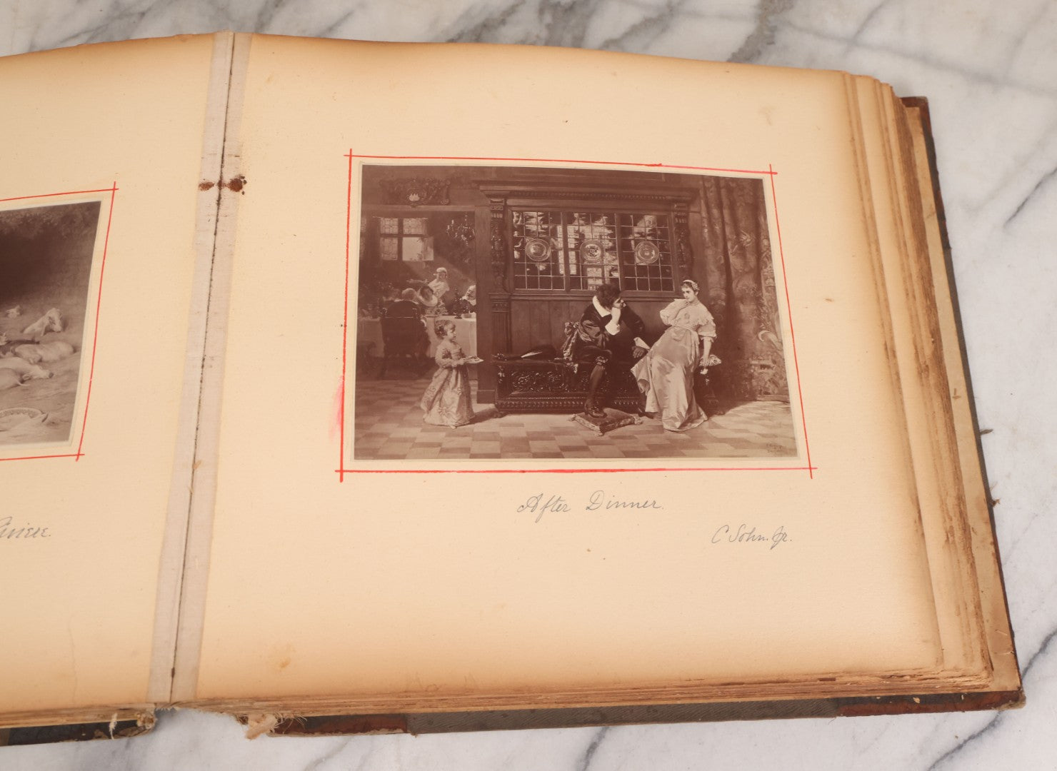 Lot 012 - Antique Scrapbook Containing Many Fine Art Prints, Clippings, And Scraps, With Handwritten Titles And Hand Painted Red Pinstriping, Works Include "The Fortuneteller" After A. Glisbenti, "Isabella With The Head Of Lorenzo," And Others