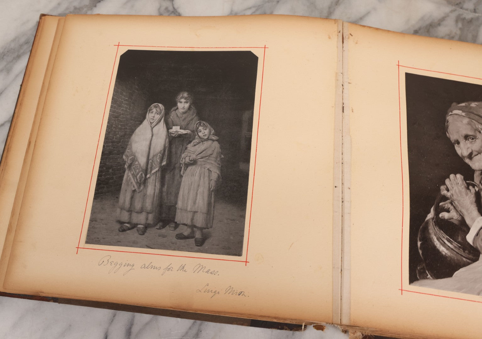 Lot 012 - Antique Scrapbook Containing Many Fine Art Prints, Clippings, And Scraps, With Handwritten Titles And Hand Painted Red Pinstriping, Works Include "The Fortuneteller" After A. Glisbenti, "Isabella With The Head Of Lorenzo," And Others