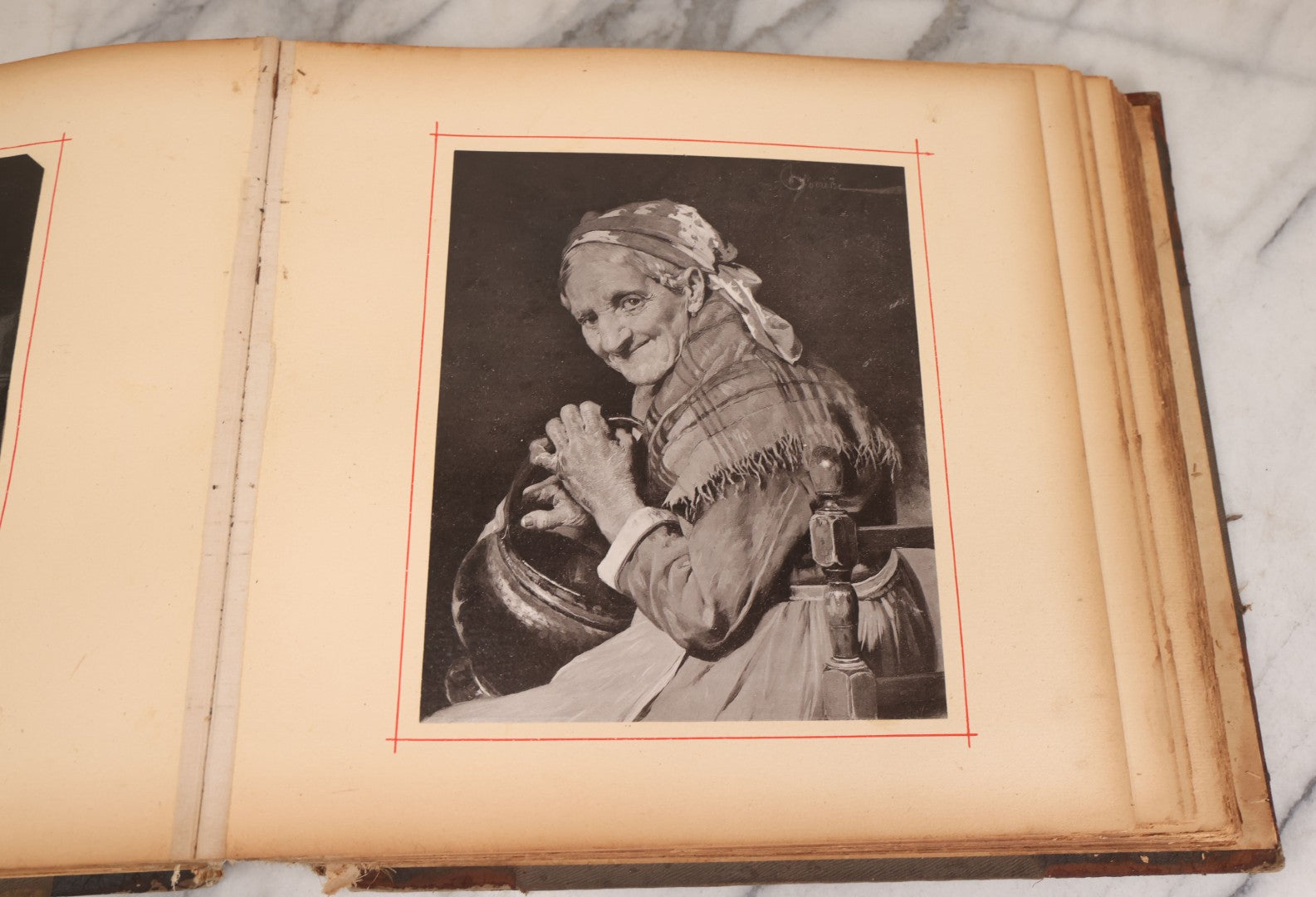 Lot 012 - Antique Scrapbook Containing Many Fine Art Prints, Clippings, And Scraps, With Handwritten Titles And Hand Painted Red Pinstriping, Works Include "The Fortuneteller" After A. Glisbenti, "Isabella With The Head Of Lorenzo," And Others