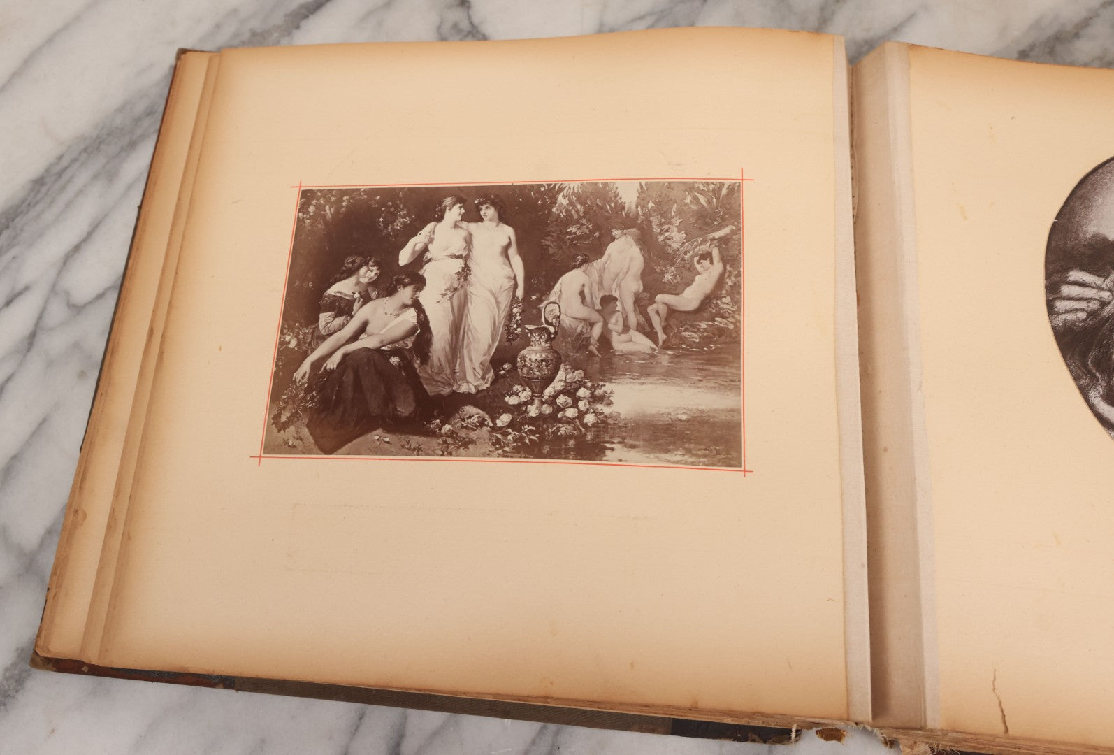 Lot 012 - Antique Scrapbook Containing Many Fine Art Prints, Clippings, And Scraps, With Handwritten Titles And Hand Painted Red Pinstriping, Works Include "The Fortuneteller" After A. Glisbenti, "Isabella With The Head Of Lorenzo," And Others