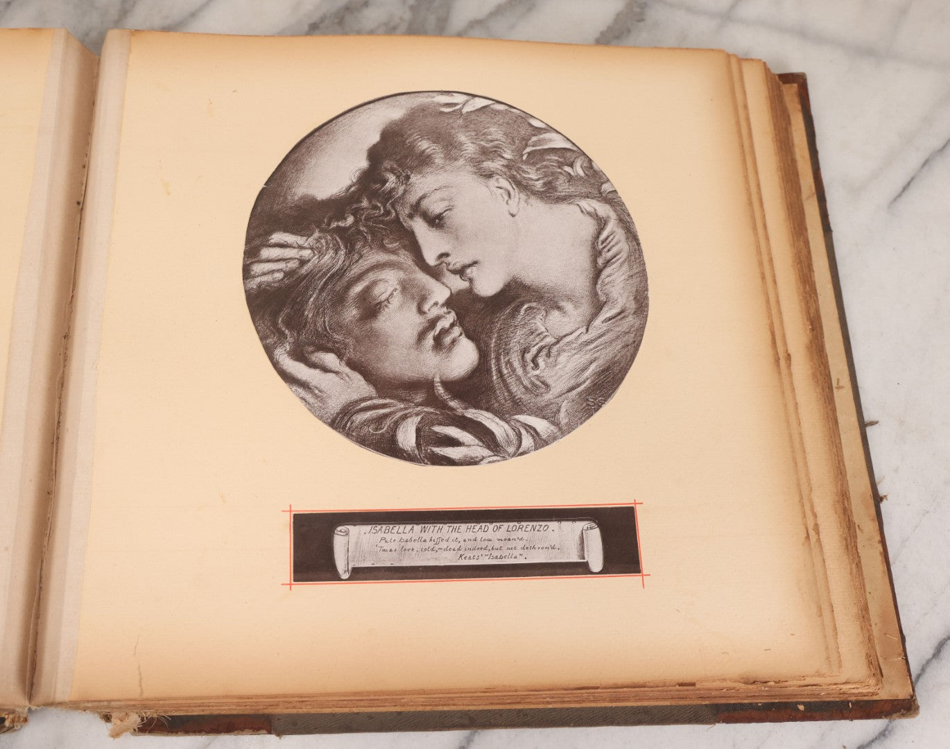 Lot 012 - Antique Scrapbook Containing Many Fine Art Prints, Clippings, And Scraps, With Handwritten Titles And Hand Painted Red Pinstriping, Works Include "The Fortuneteller" After A. Glisbenti, "Isabella With The Head Of Lorenzo," And Others
