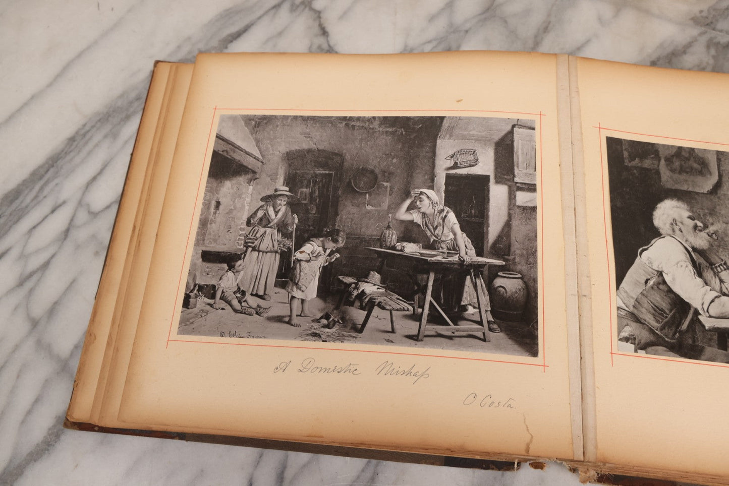 Lot 012 - Antique Scrapbook Containing Many Fine Art Prints, Clippings, And Scraps, With Handwritten Titles And Hand Painted Red Pinstriping, Works Include "The Fortuneteller" After A. Glisbenti, "Isabella With The Head Of Lorenzo," And Others