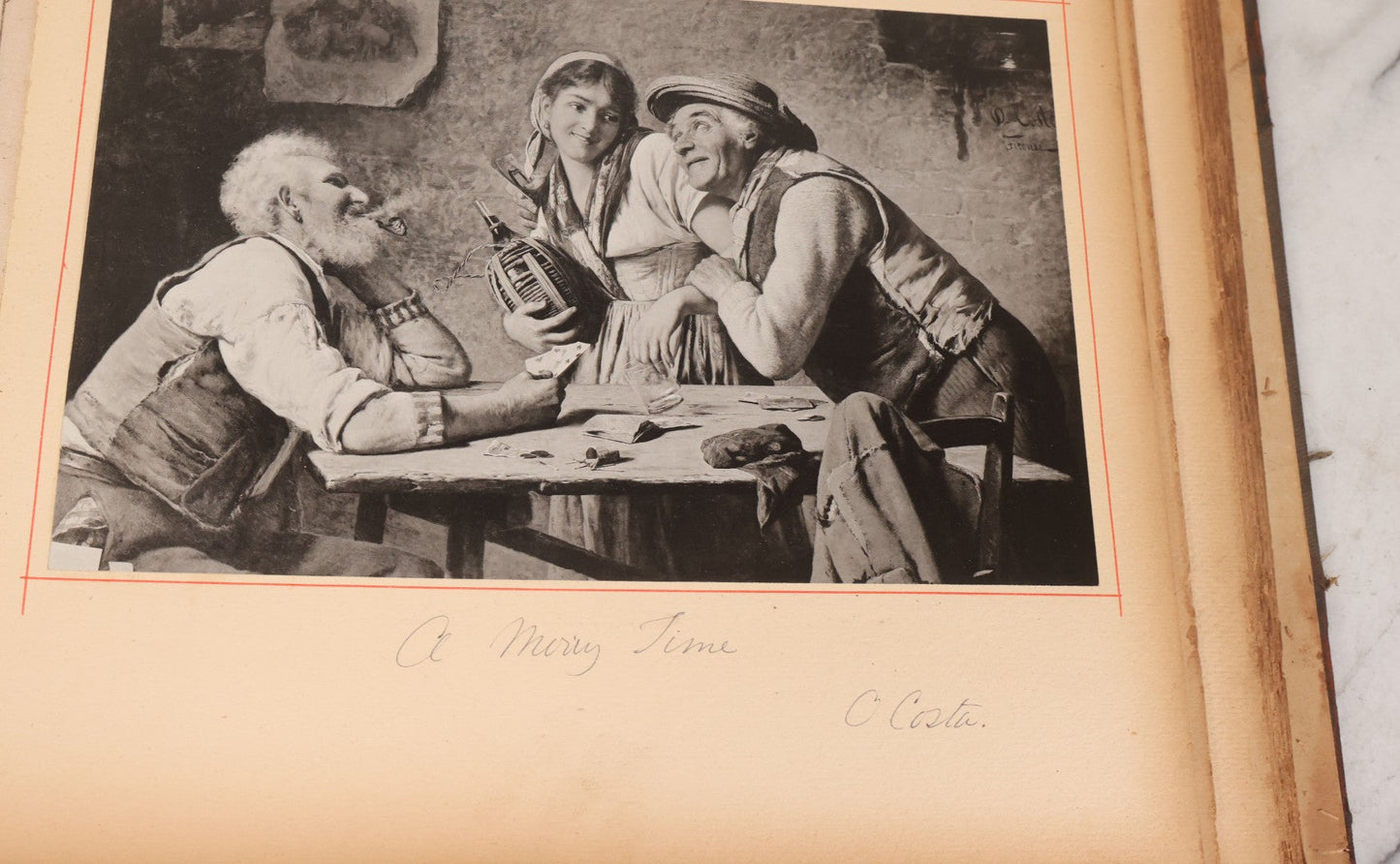 Lot 012 - Antique Scrapbook Containing Many Fine Art Prints, Clippings, And Scraps, With Handwritten Titles And Hand Painted Red Pinstriping, Works Include "The Fortuneteller" After A. Glisbenti, "Isabella With The Head Of Lorenzo," And Others