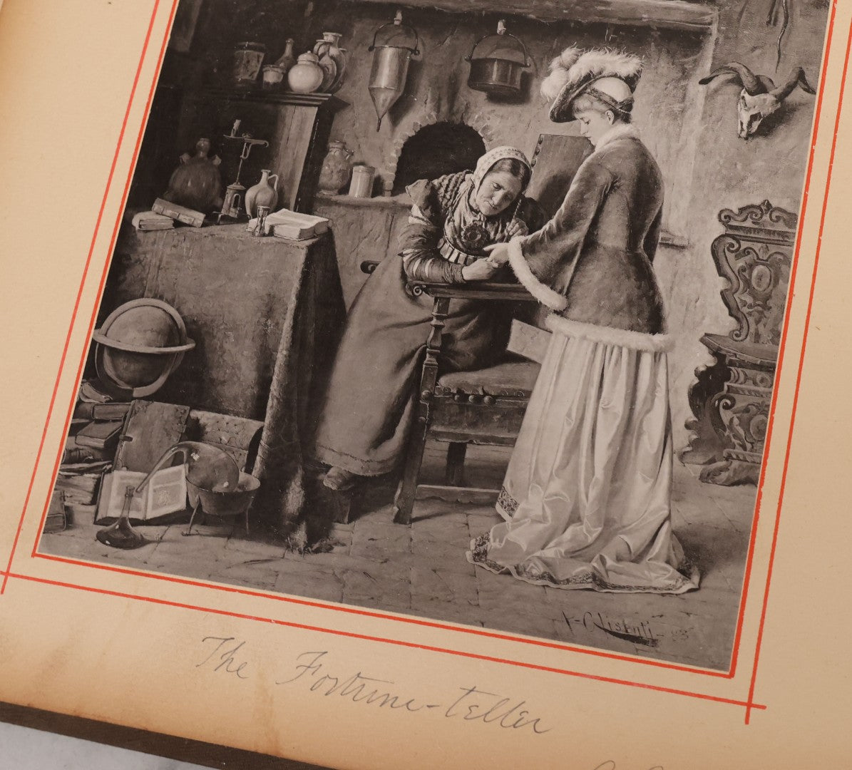 Lot 012 - Antique Scrapbook Containing Many Fine Art Prints, Clippings, And Scraps, With Handwritten Titles And Hand Painted Red Pinstriping, Works Include "The Fortuneteller" After A. Glisbenti, "Isabella With The Head Of Lorenzo," And Others
