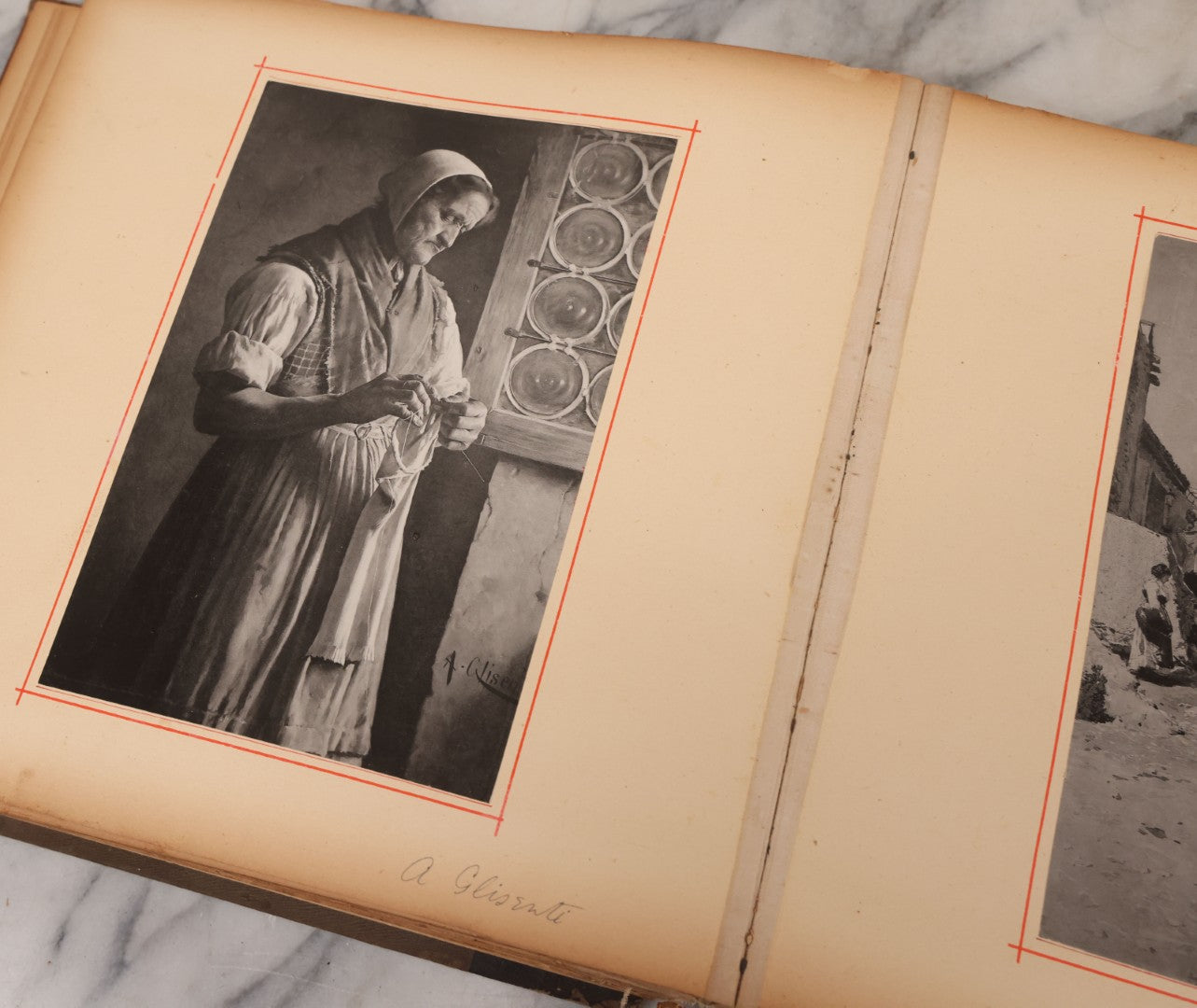 Lot 012 - Antique Scrapbook Containing Many Fine Art Prints, Clippings, And Scraps, With Handwritten Titles And Hand Painted Red Pinstriping, Works Include "The Fortuneteller" After A. Glisbenti, "Isabella With The Head Of Lorenzo," And Others