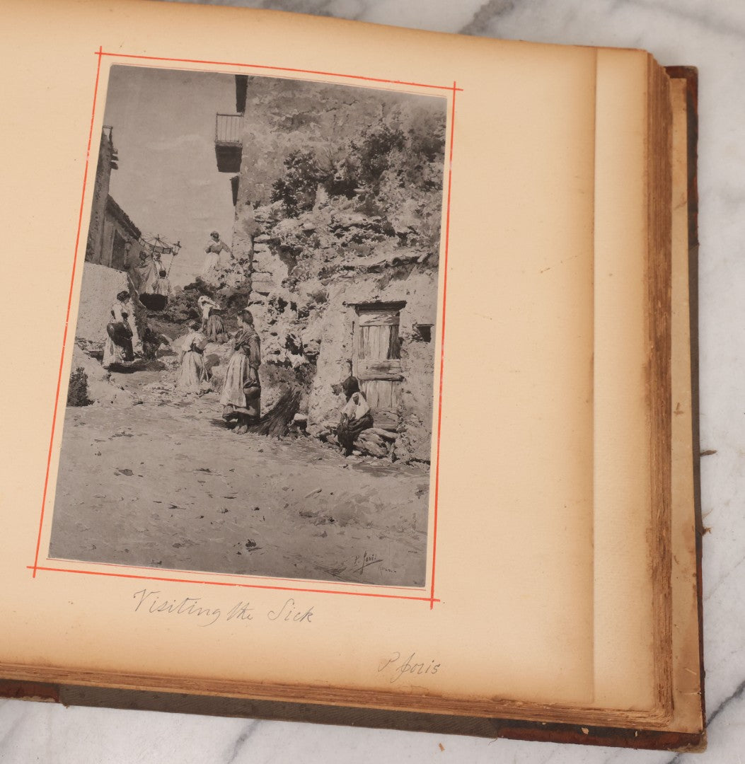 Lot 012 - Antique Scrapbook Containing Many Fine Art Prints, Clippings, And Scraps, With Handwritten Titles And Hand Painted Red Pinstriping, Works Include "The Fortuneteller" After A. Glisbenti, "Isabella With The Head Of Lorenzo," And Others