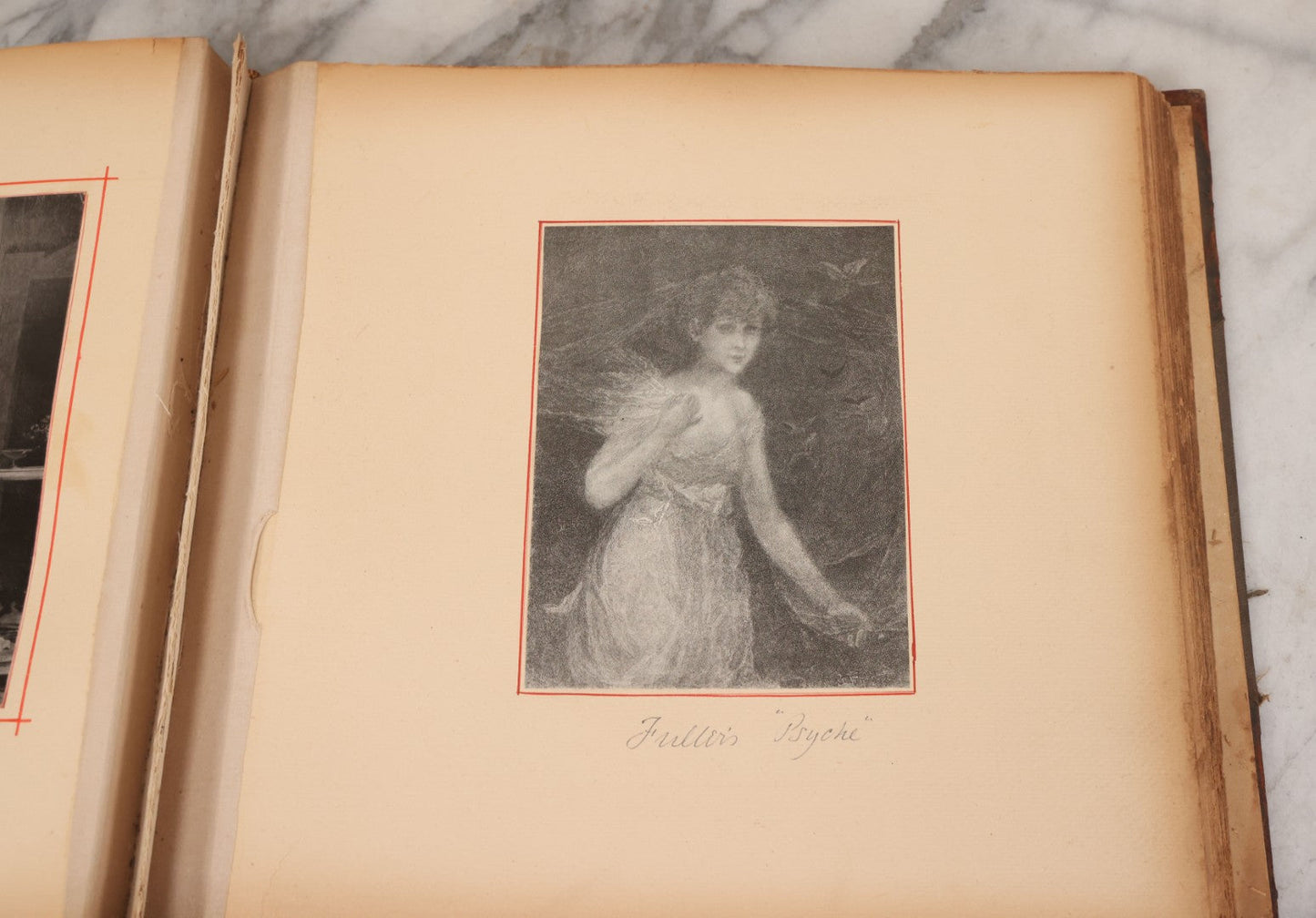 Lot 012 - Antique Scrapbook Containing Many Fine Art Prints, Clippings, And Scraps, With Handwritten Titles And Hand Painted Red Pinstriping, Works Include "The Fortuneteller" After A. Glisbenti, "Isabella With The Head Of Lorenzo," And Others