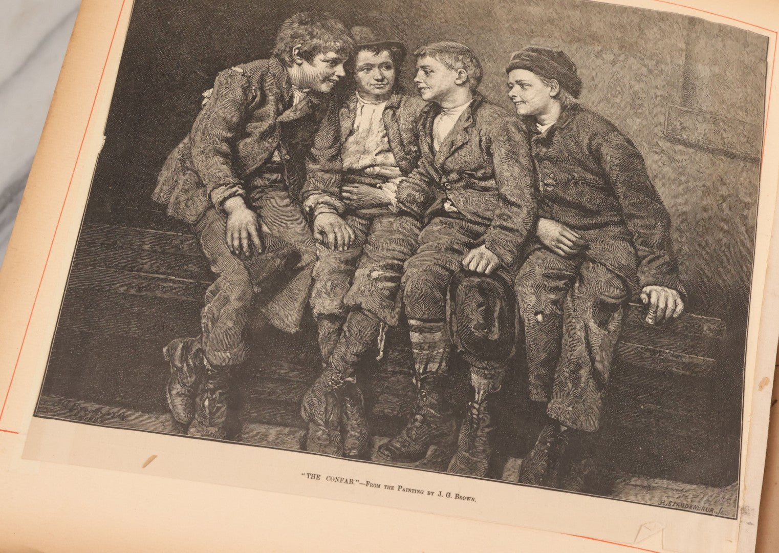 Lot 012 - Antique Scrapbook Containing Many Fine Art Prints, Clippings, And Scraps, With Handwritten Titles And Hand Painted Red Pinstriping, Works Include "The Fortuneteller" After A. Glisbenti, "Isabella With The Head Of Lorenzo," And Others