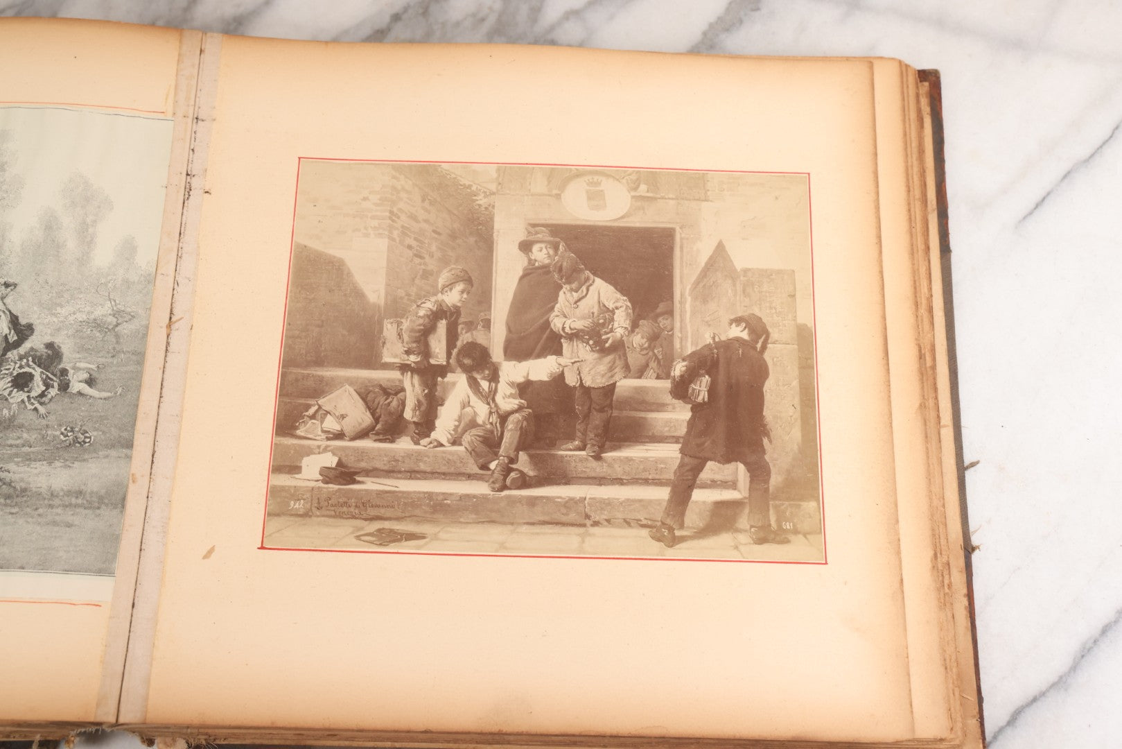 Lot 012 - Antique Scrapbook Containing Many Fine Art Prints, Clippings, And Scraps, With Handwritten Titles And Hand Painted Red Pinstriping, Works Include "The Fortuneteller" After A. Glisbenti, "Isabella With The Head Of Lorenzo," And Others