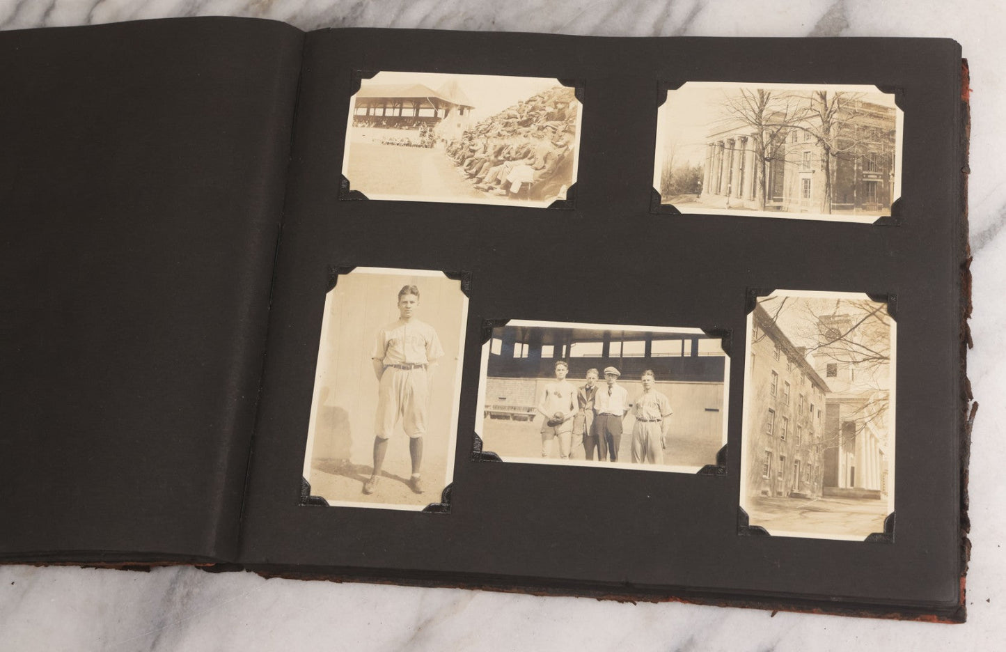 Lot 013 - Antique Snapshot Photo Album Containing 250+ Photographs Including Baseball Game & Player In An "Amherst" Jersey, Travel On Ship "Cape Diamond," Quebec, Italy, Hot Air Balloons, Early Passenger Airplane, Egyptian Pyramids And Sphinx, Circa 1920