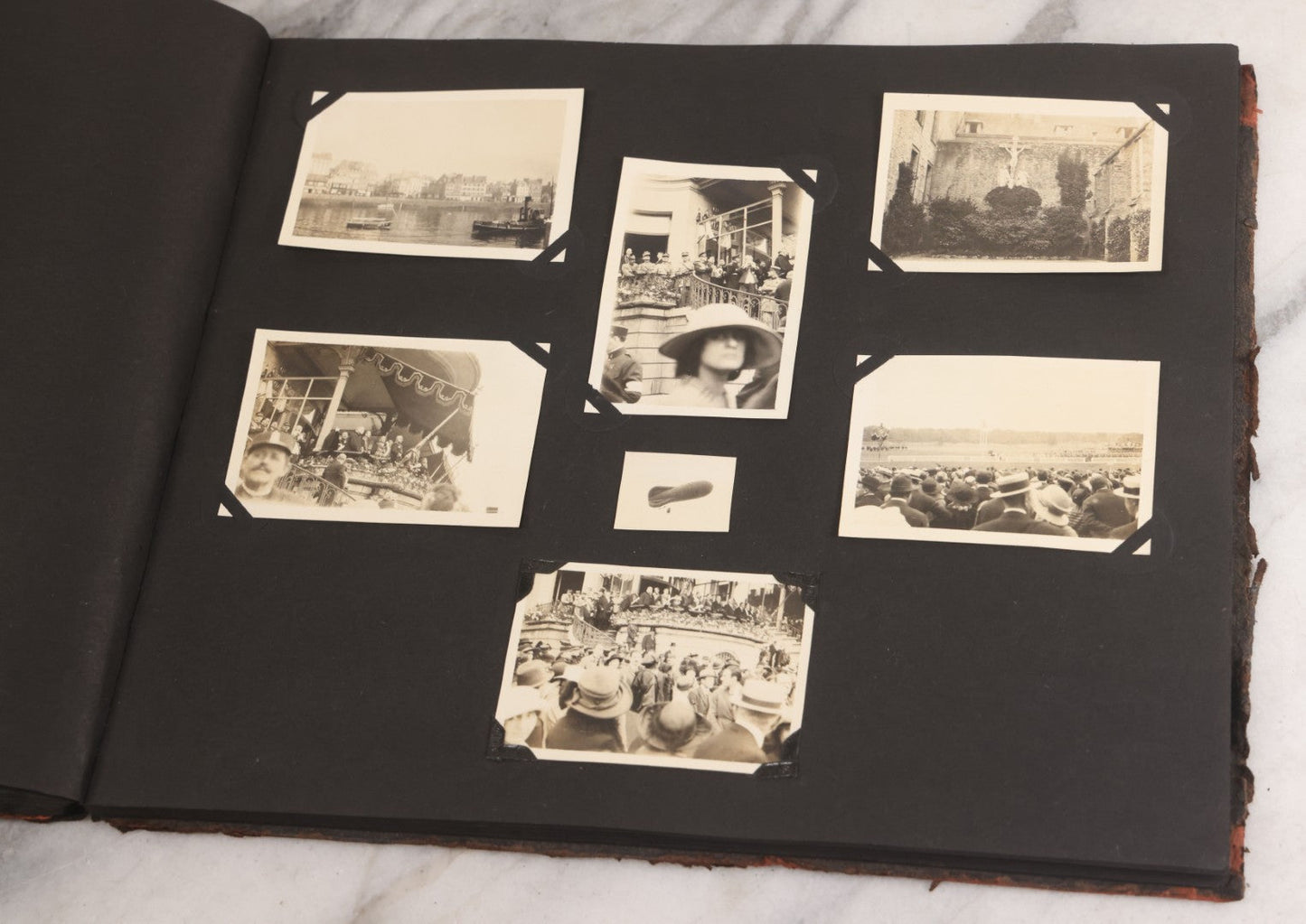 Lot 013 - Antique Snapshot Photo Album Containing 250+ Photographs Including Baseball Game & Player In An "Amherst" Jersey, Travel On Ship "Cape Diamond," Quebec, Italy, Hot Air Balloons, Early Passenger Airplane, Egyptian Pyramids And Sphinx, Circa 1920