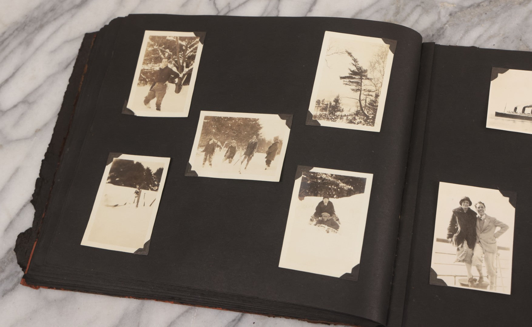 Lot 013 - Antique Snapshot Photo Album Containing 250+ Photographs Including Baseball Game & Player In An "Amherst" Jersey, Travel On Ship "Cape Diamond," Quebec, Italy, Hot Air Balloons, Early Passenger Airplane, Egyptian Pyramids And Sphinx, Circa 1920