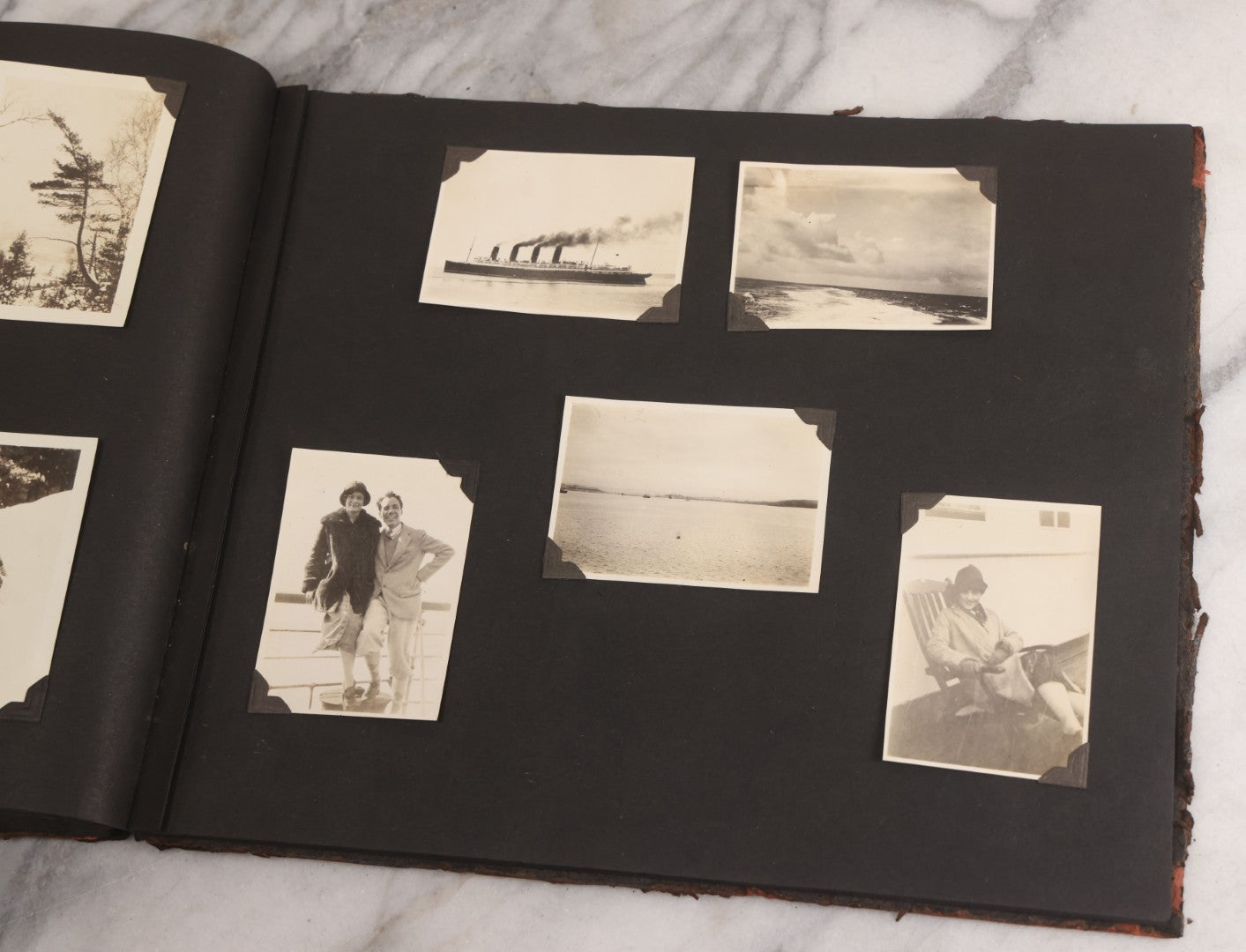 Lot 013 - Antique Snapshot Photo Album Containing 250+ Photographs Including Baseball Game & Player In An "Amherst" Jersey, Travel On Ship "Cape Diamond," Quebec, Italy, Hot Air Balloons, Early Passenger Airplane, Egyptian Pyramids And Sphinx, Circa 1920