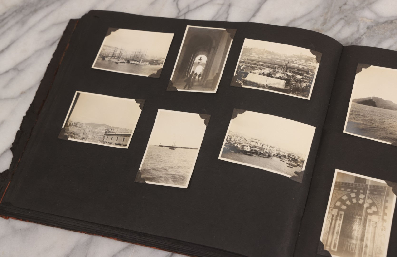 Lot 013 - Antique Snapshot Photo Album Containing 250+ Photographs Including Baseball Game & Player In An "Amherst" Jersey, Travel On Ship "Cape Diamond," Quebec, Italy, Hot Air Balloons, Early Passenger Airplane, Egyptian Pyramids And Sphinx, Circa 1920