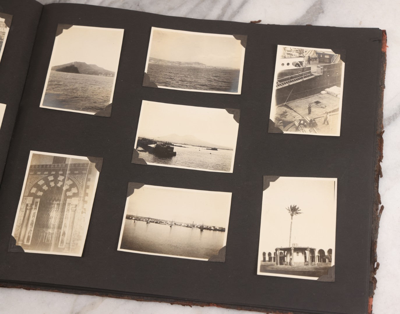 Lot 013 - Antique Snapshot Photo Album Containing 250+ Photographs Including Baseball Game & Player In An "Amherst" Jersey, Travel On Ship "Cape Diamond," Quebec, Italy, Hot Air Balloons, Early Passenger Airplane, Egyptian Pyramids And Sphinx, Circa 1920